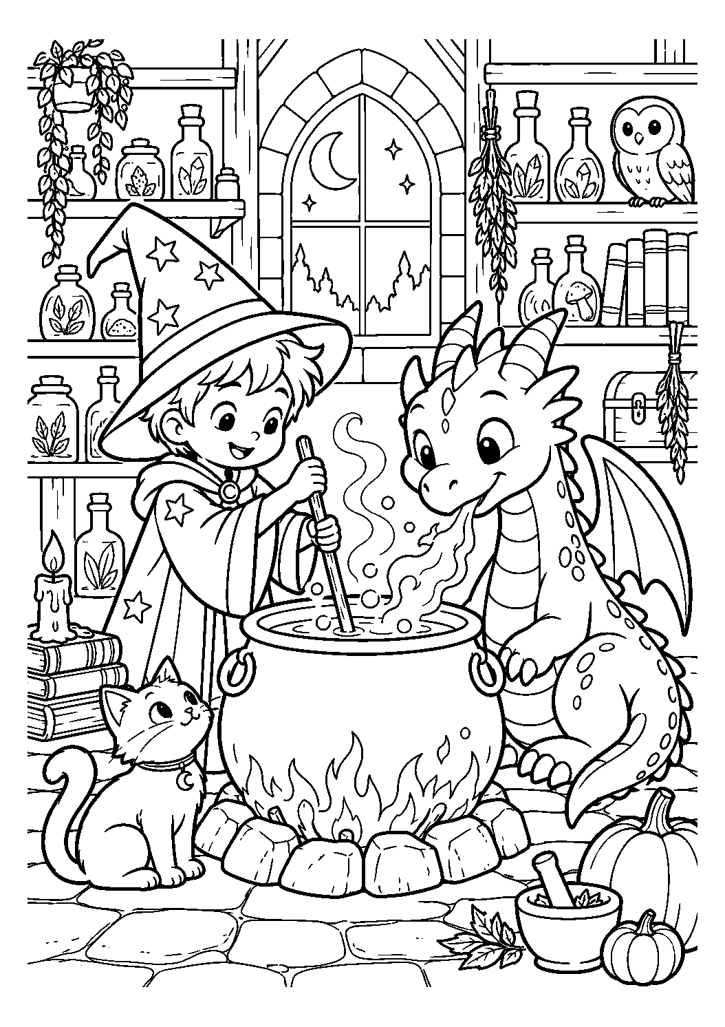 Dragon assistant du jeune sorcier à imprimer et colorier
