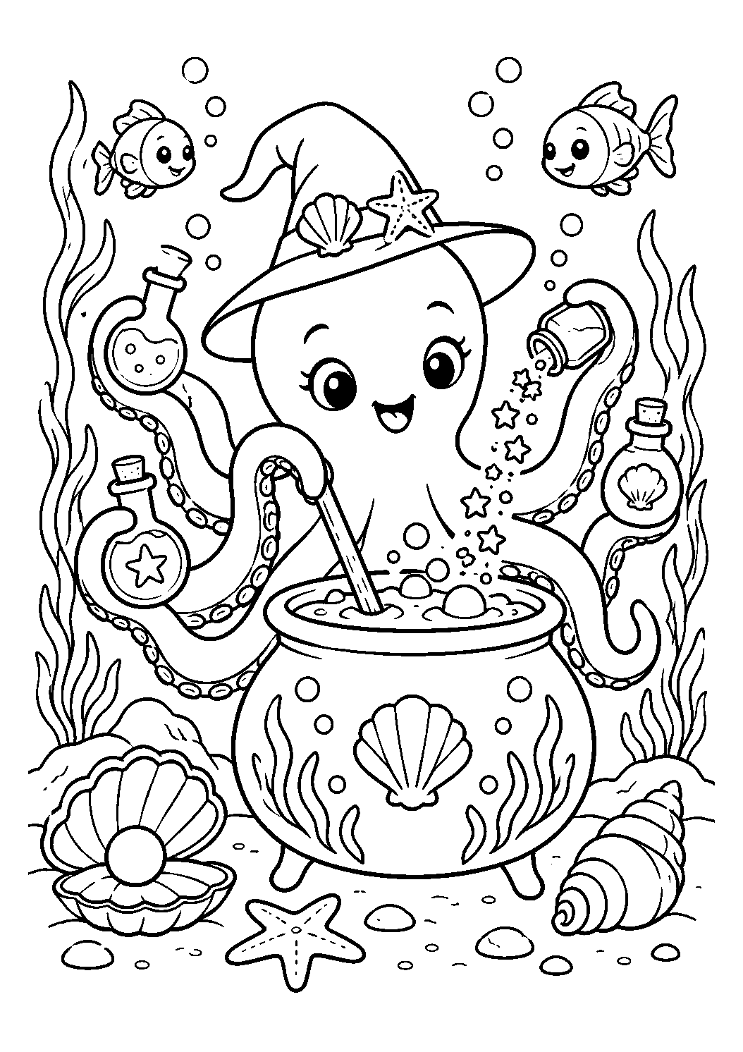 Pieuvre magicienne aux potions à imprimer et colorier