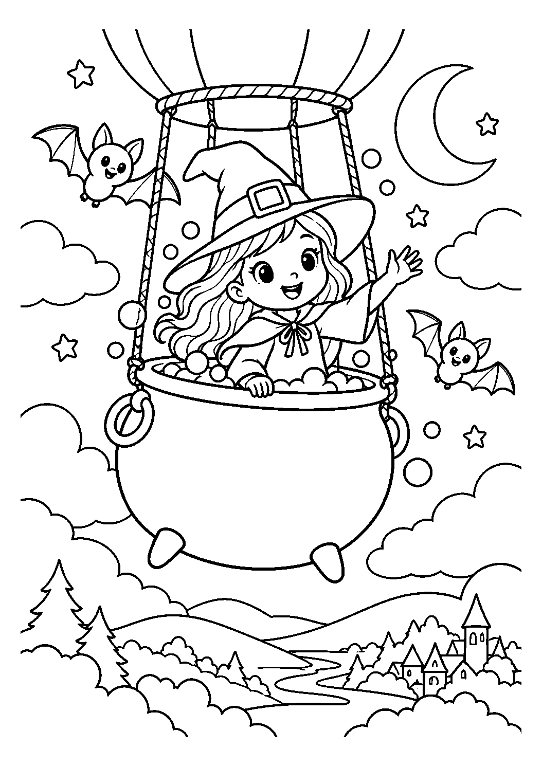Chaudron volant dans le ciel à imprimer et colorier
