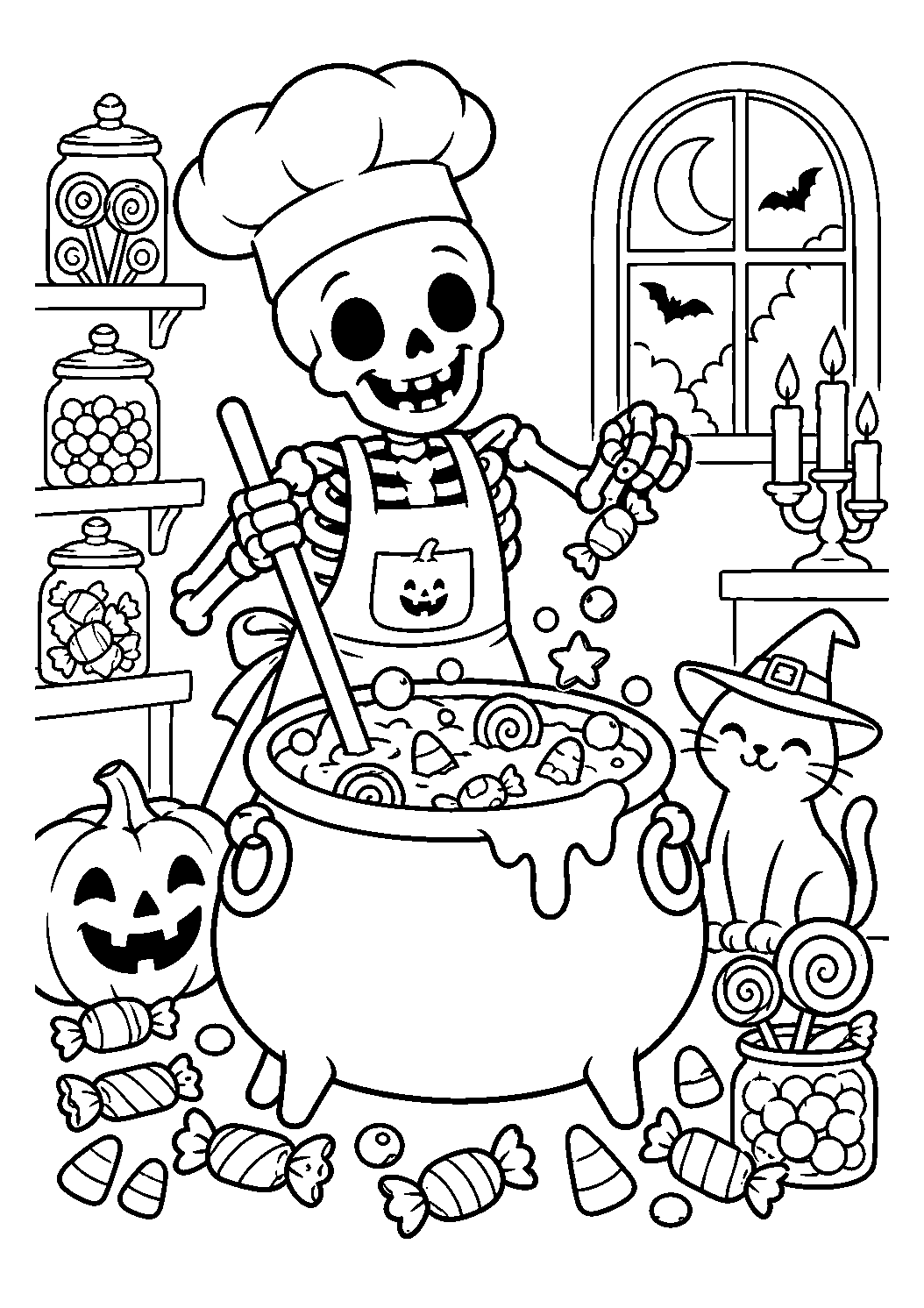 Squelette cuisinier de potion aux bonbons à imprimer et colorier