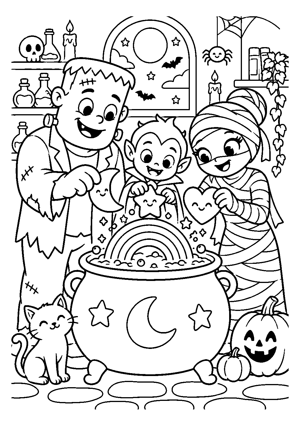 Famille de monstres préparant une potion à imprimer et colorier