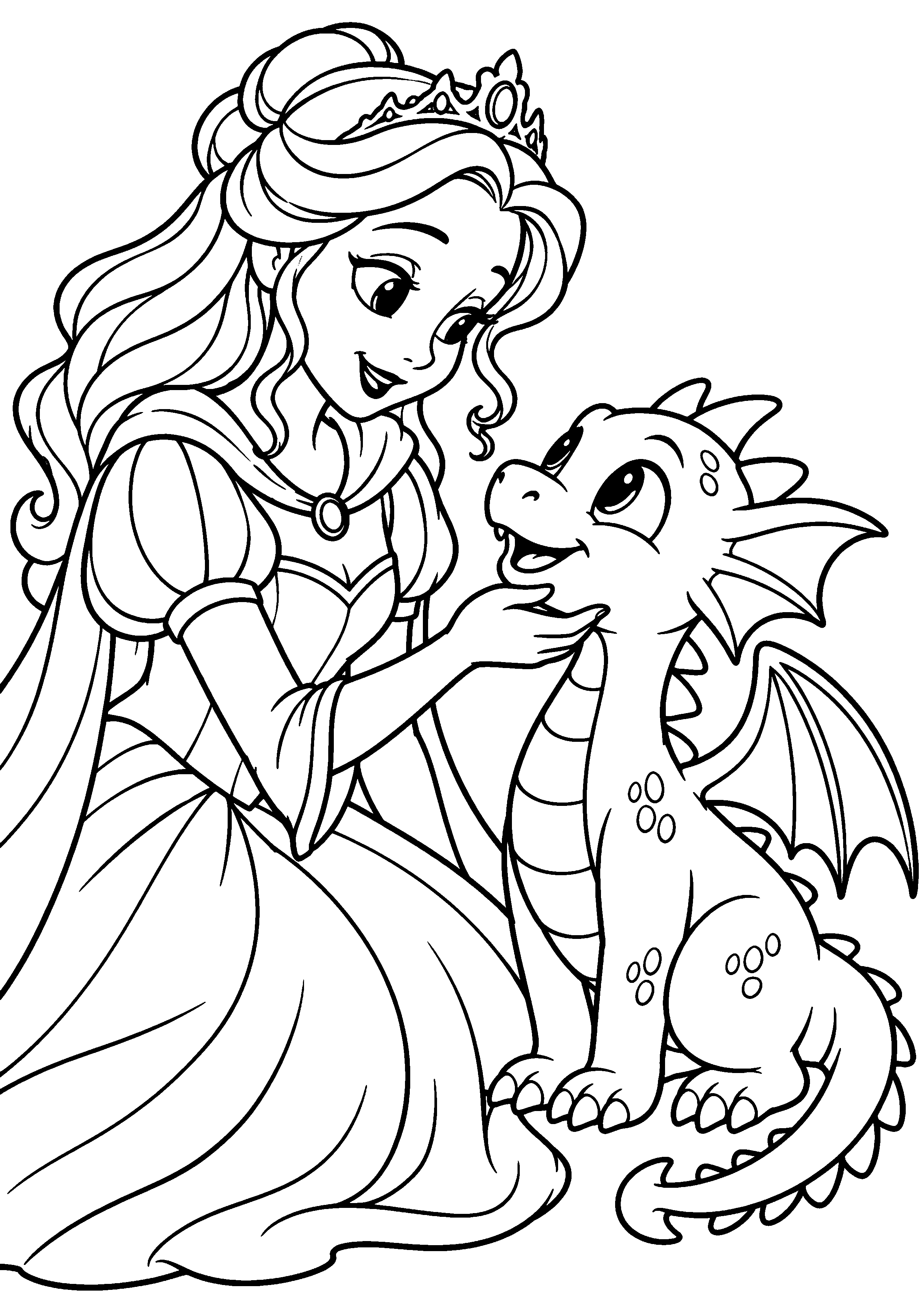 Coloriage en noir et blanc représentant princesse accueillant un petit dragon amical, en grand format A4