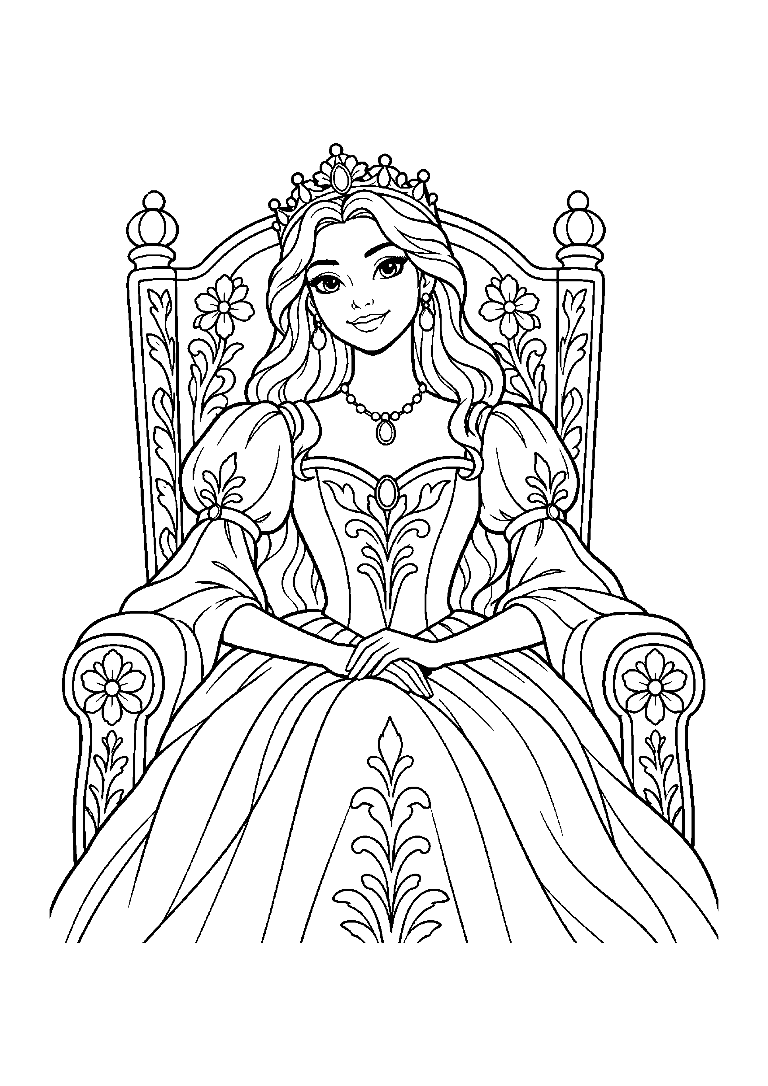 Coloriage en noir et blanc représentant princesse assise sur un trône aux motifs floraux, en grand format A4