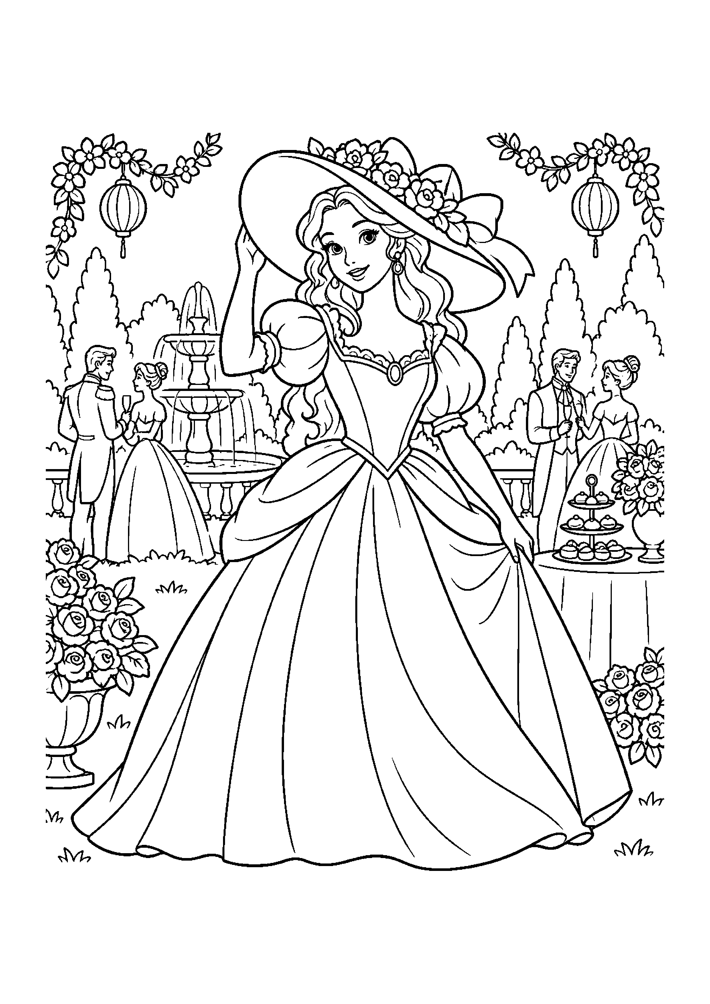Coloriage en noir et blanc représentant princesse au grand chapeau lors d'une fête au jardin, en grand format A4