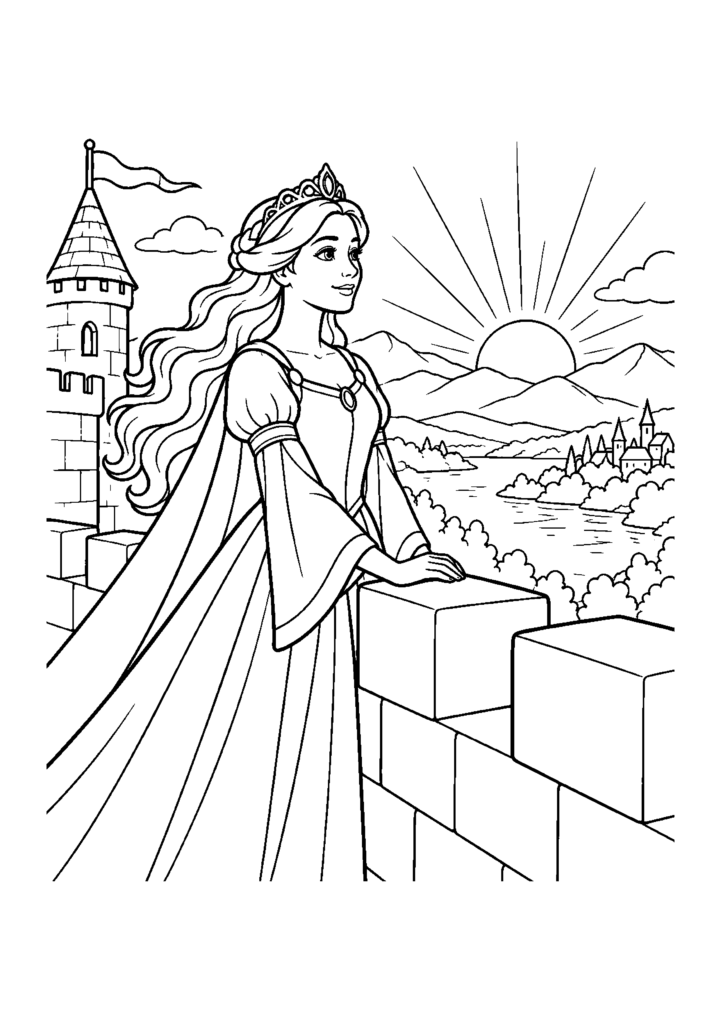 Coloriage en noir et blanc représentant princesse au lever du soleil sur les remparts, en grand format A4