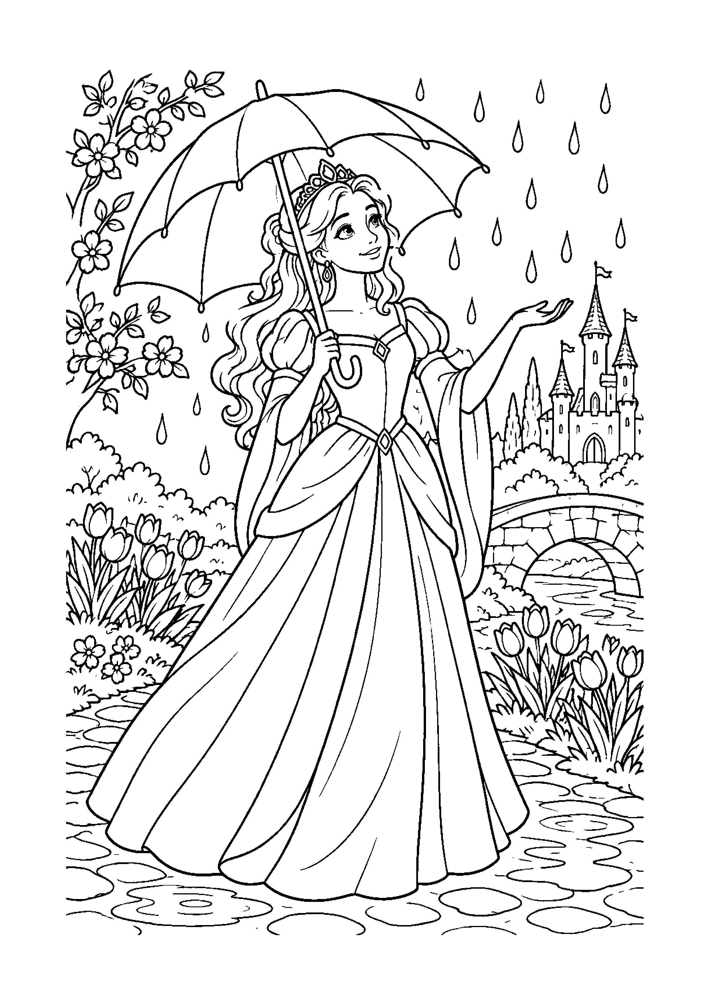 Coloriage en noir et blanc représentant princesse au parapluie dans une pluie de printemps, en grand format A4