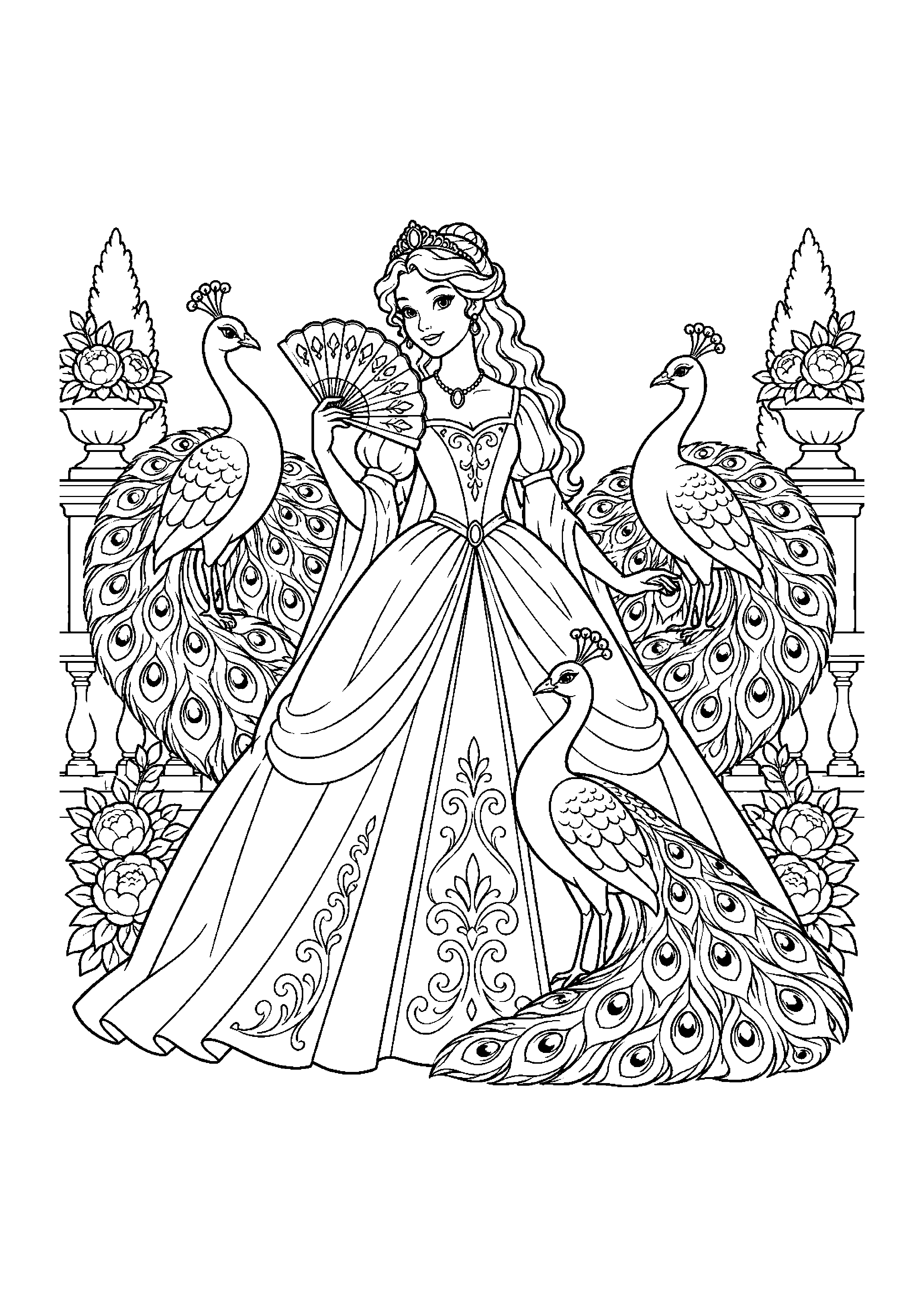 Coloriage en noir et blanc représentant princesse avec un éventail au milieu des paons, en grand format A4