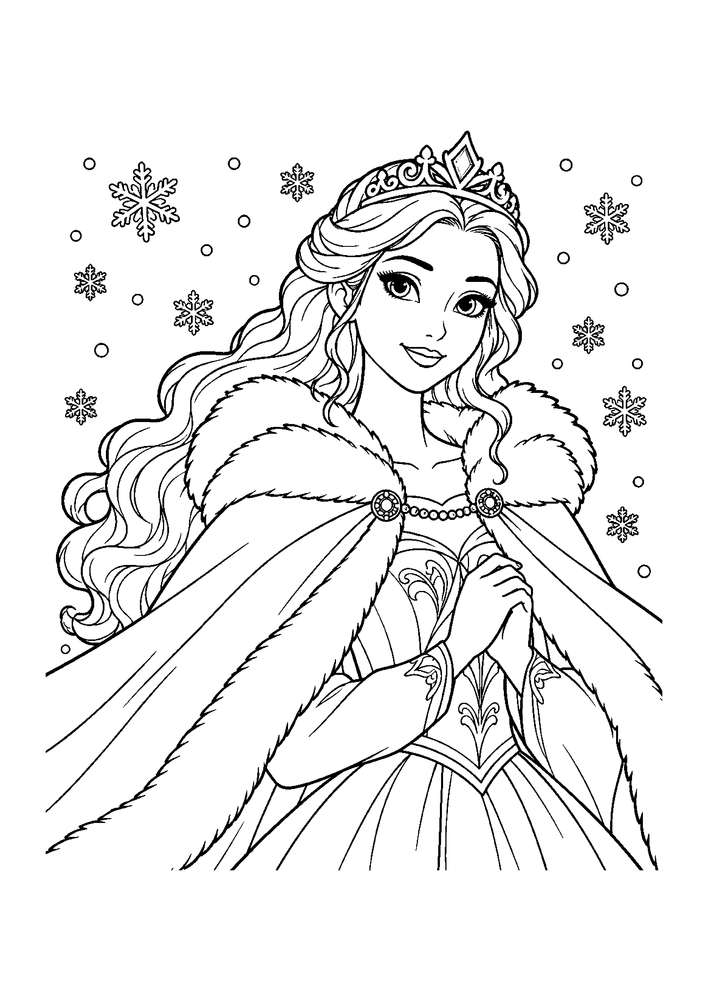 Coloriage en noir et blanc représentant princesse avec une longue cape dans la neige, en grand format A4