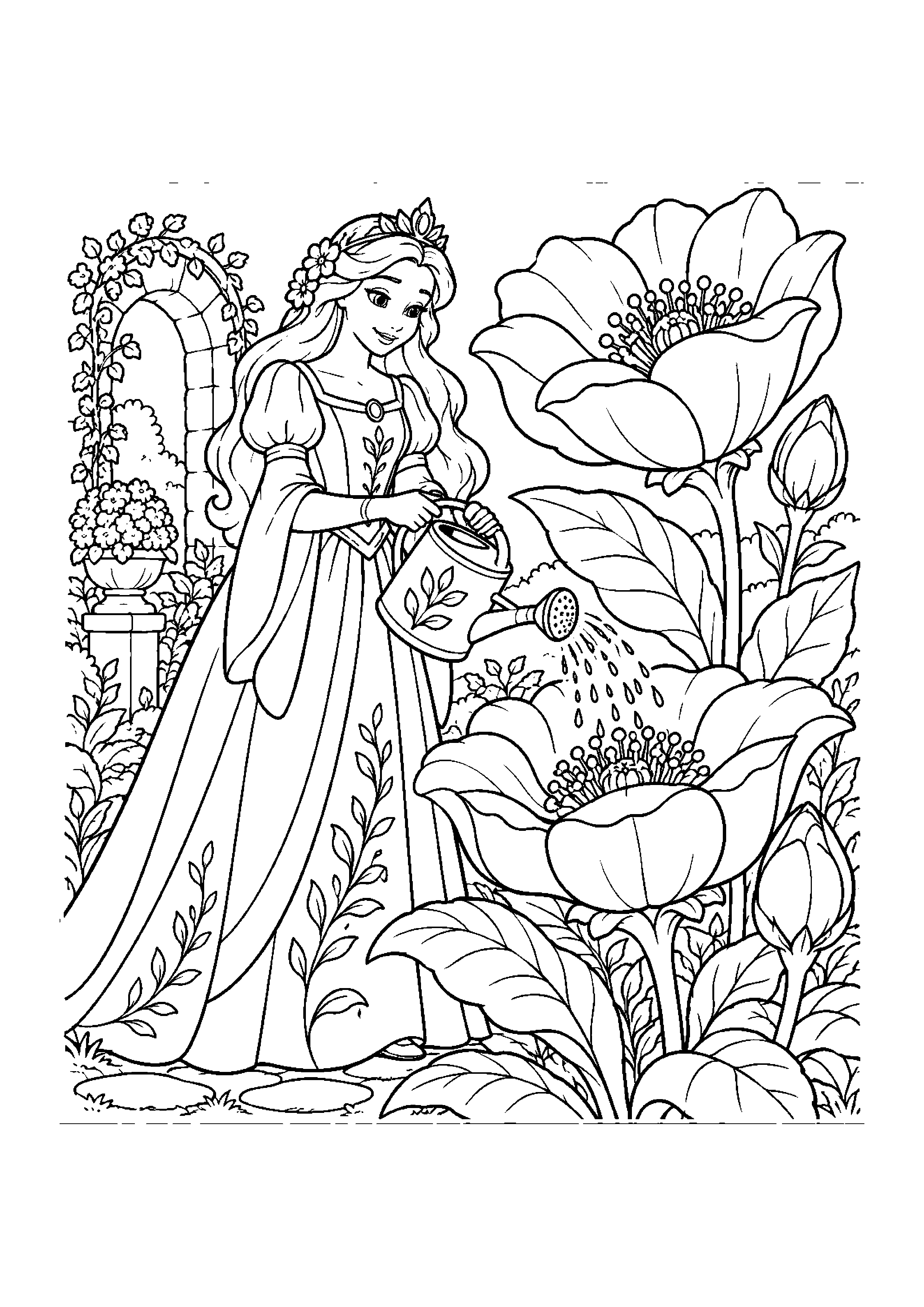 Coloriage en noir et blanc représentant princesse botaniste arrosant des fleurs géantes, en grand format A4