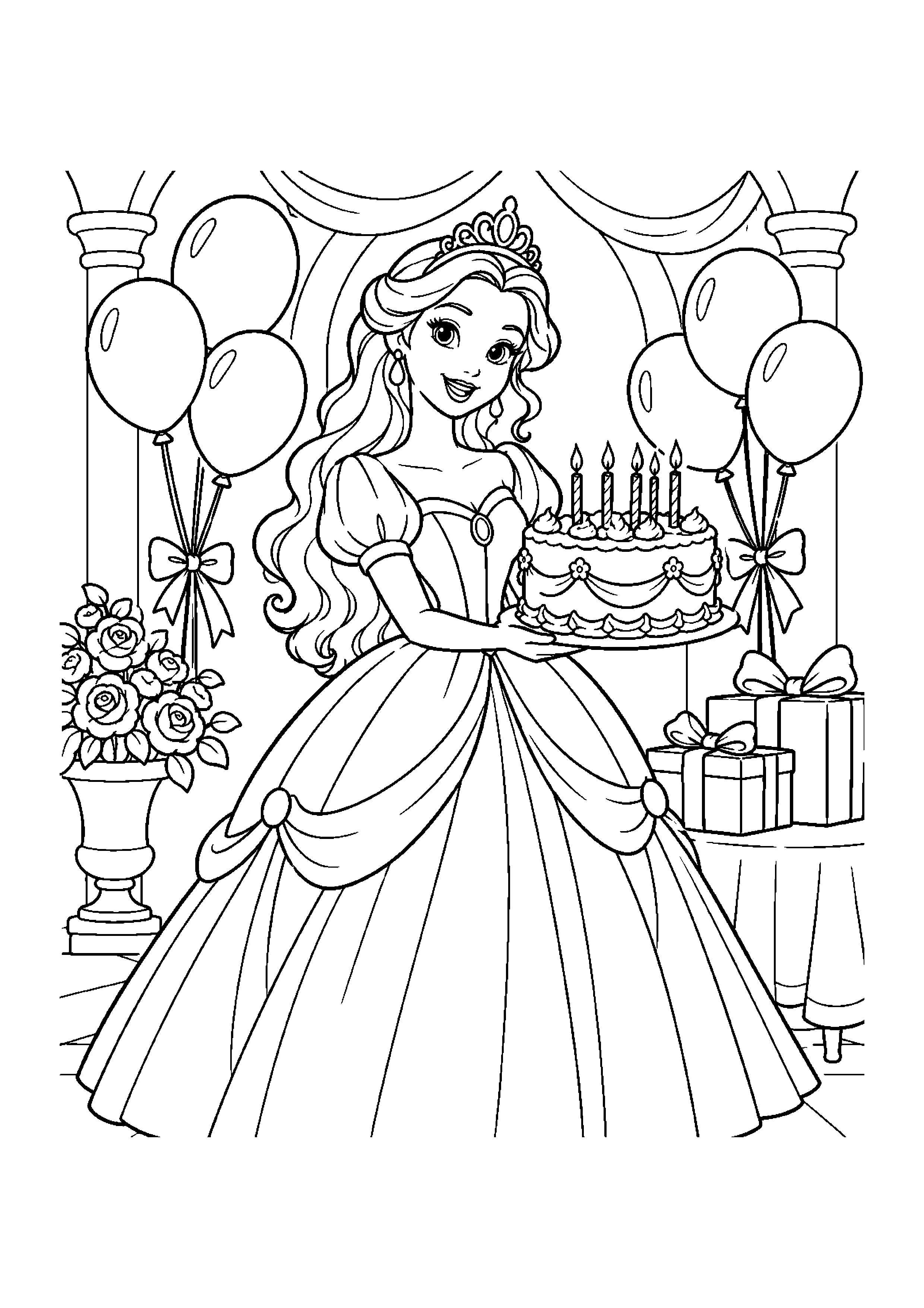 Coloriage en noir et blanc représentant princesse célébrant son anniversaire avec des ballons, en grand format A4