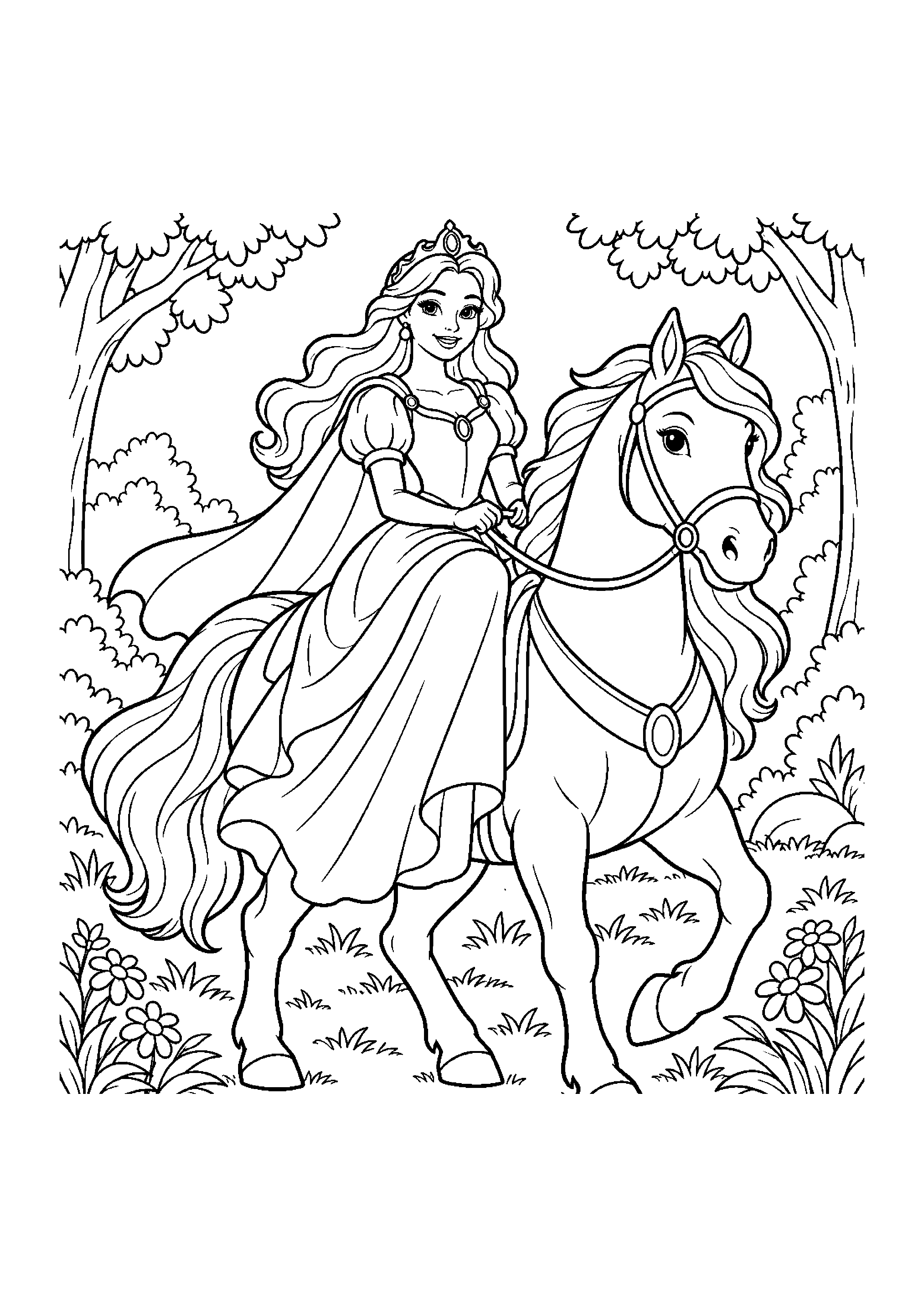 Coloriage en noir et blanc représentant princesse chevauchant un cheval dans une clairière, en grand format A4