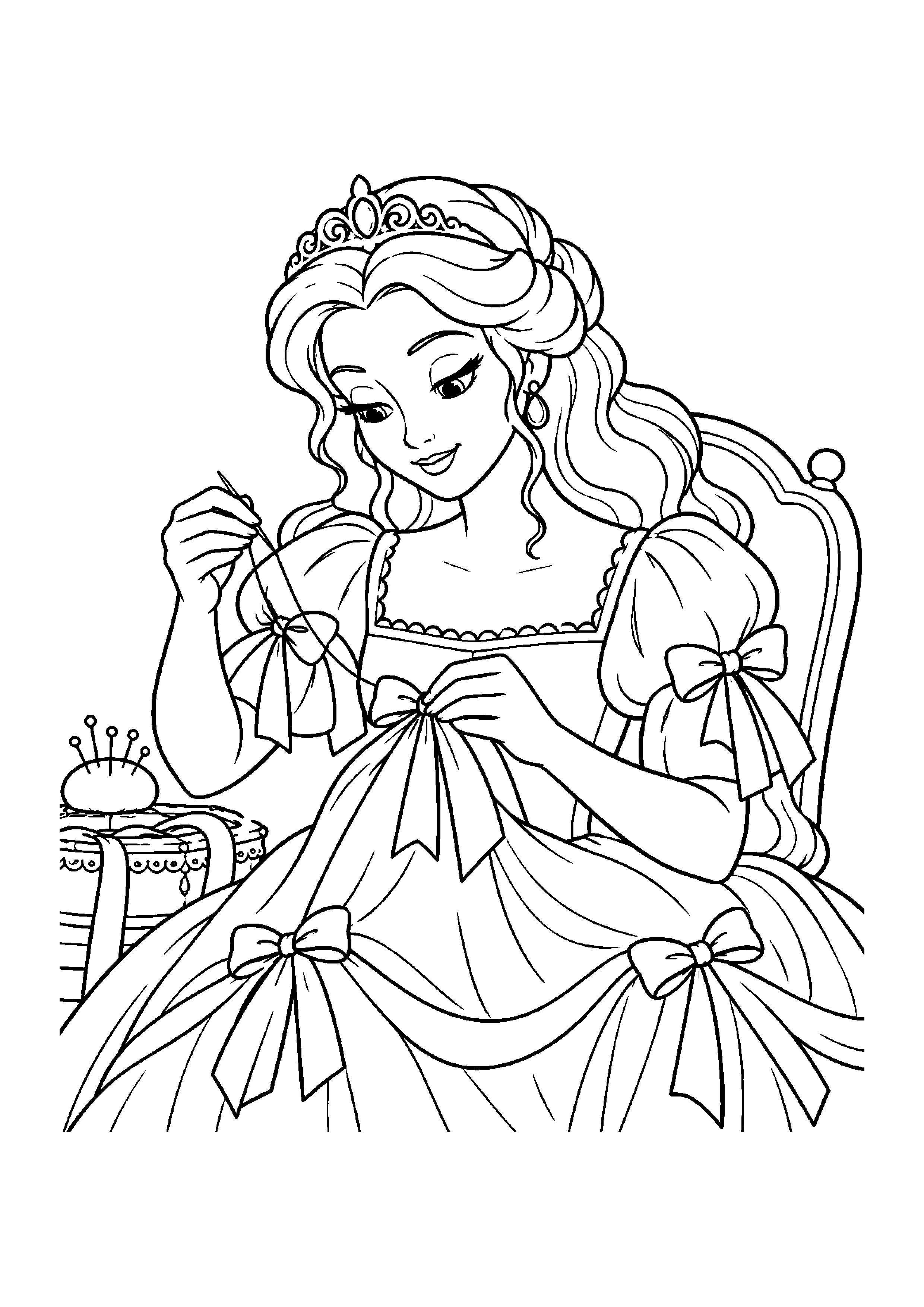 Coloriage en noir et blanc représentant princesse cousant des rubans sur sa robe, en grand format A4