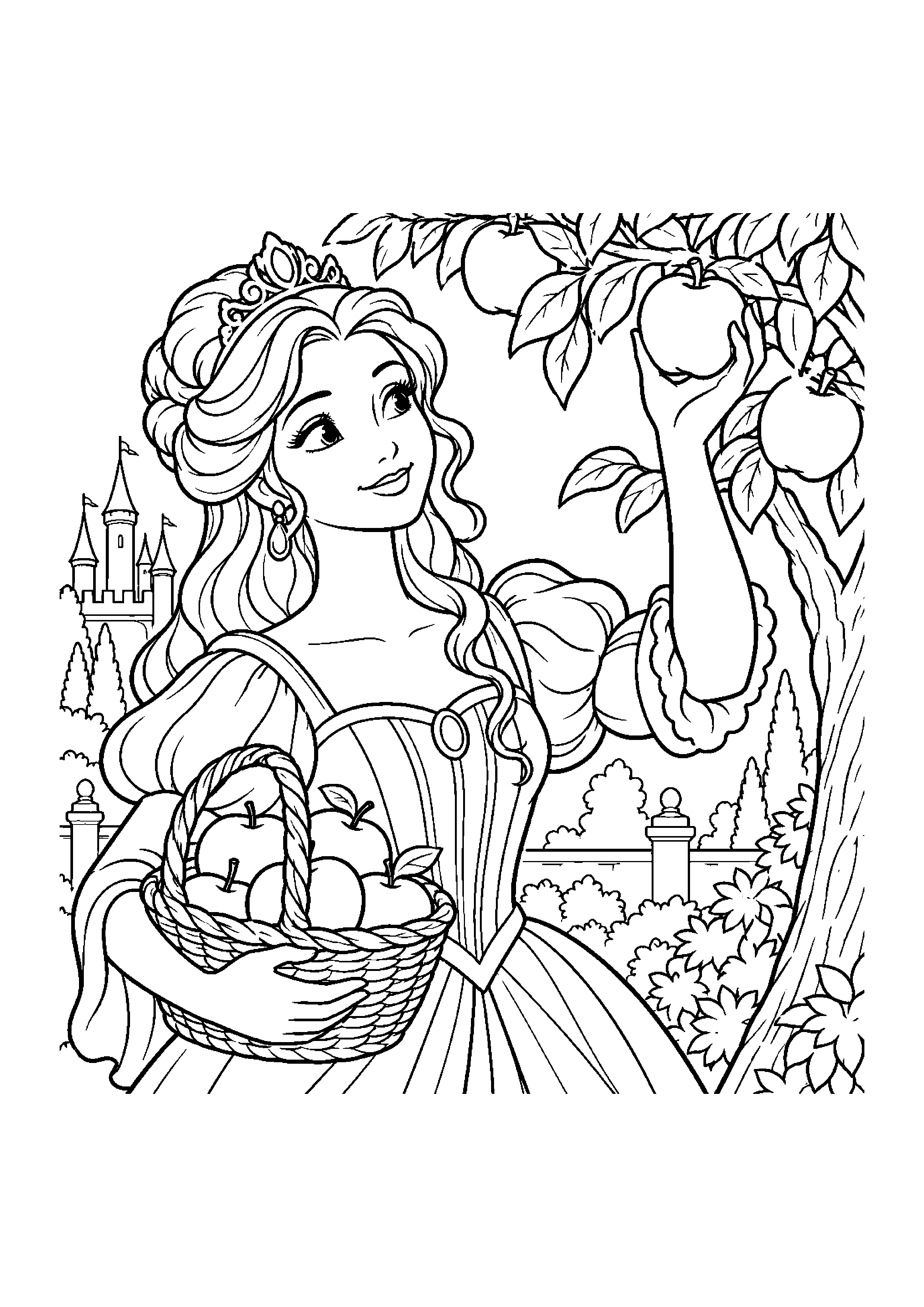 Coloriage en noir et blanc représentant princesse cueillant des pommes dans le verger royal, en grand format A4