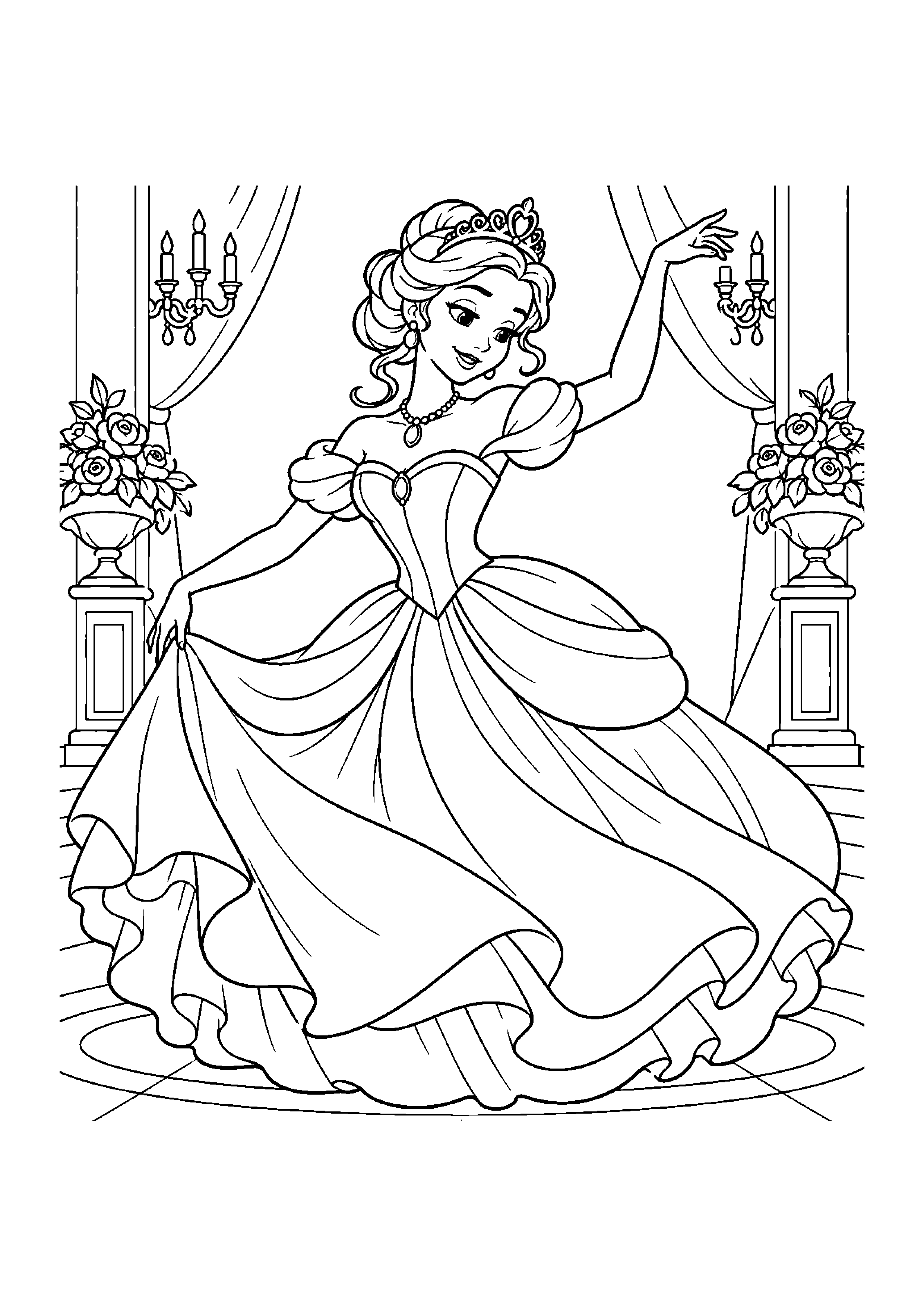 Coloriage en noir et blanc représentant princesse dansant seule au bal royal, en grand format A4