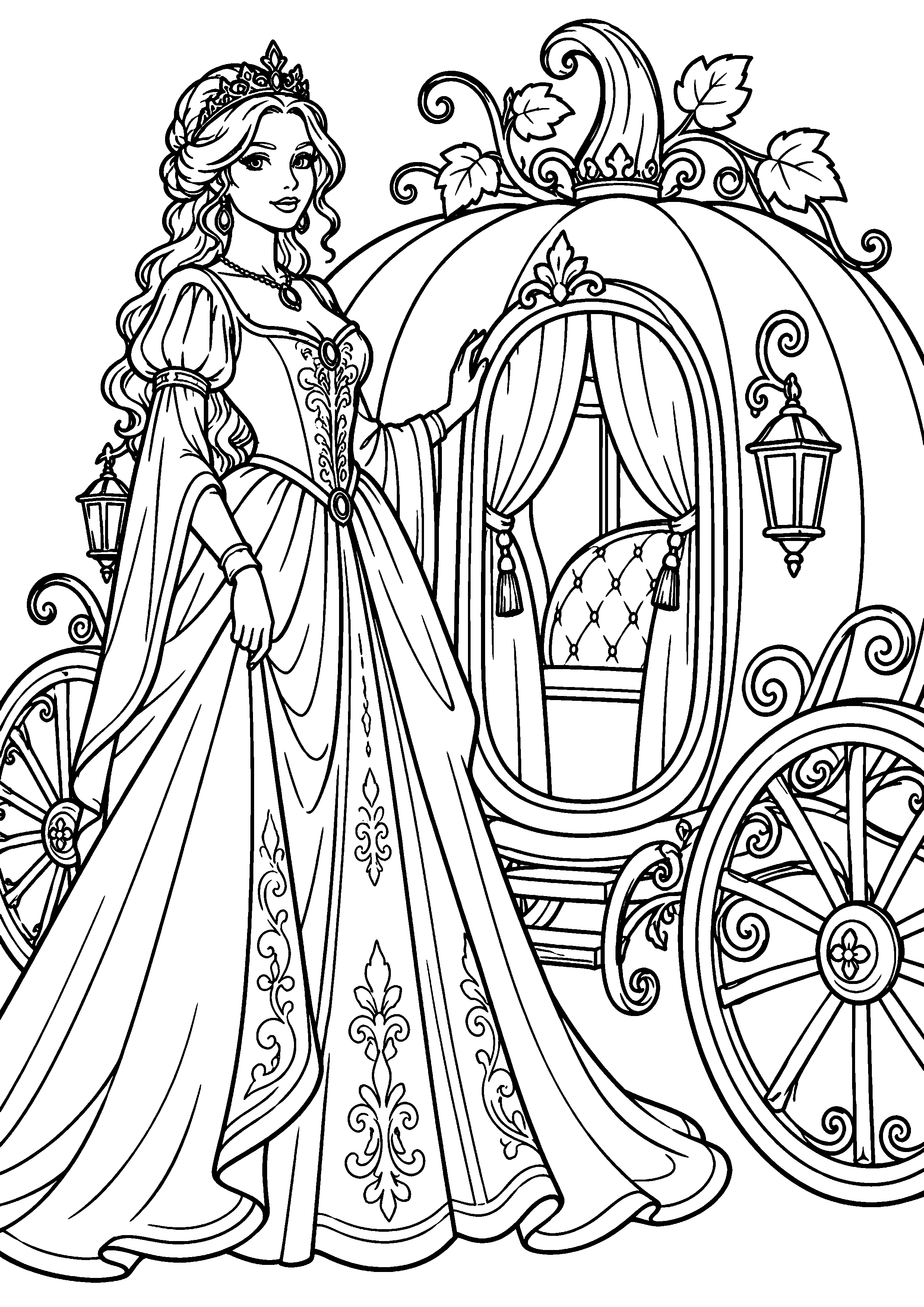 Coloriage en noir et blanc représentant princesse descendant d'un carrosse citrouille générique, en grand format A4