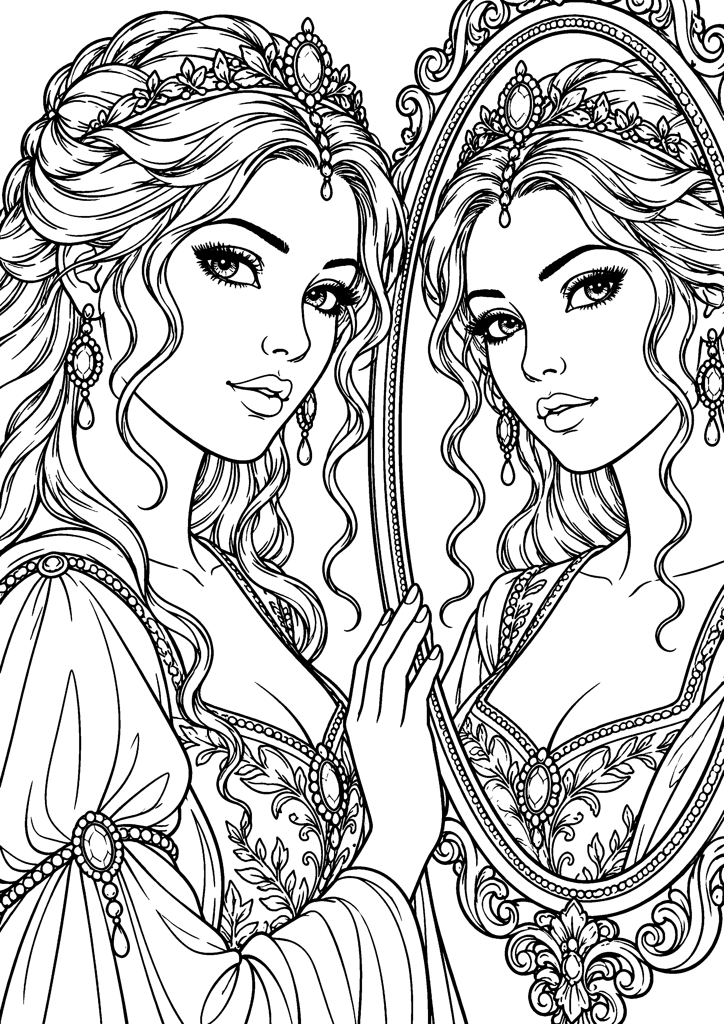 Coloriage en noir et blanc représentant princesse devant un miroir ovale décoré, en grand format A4