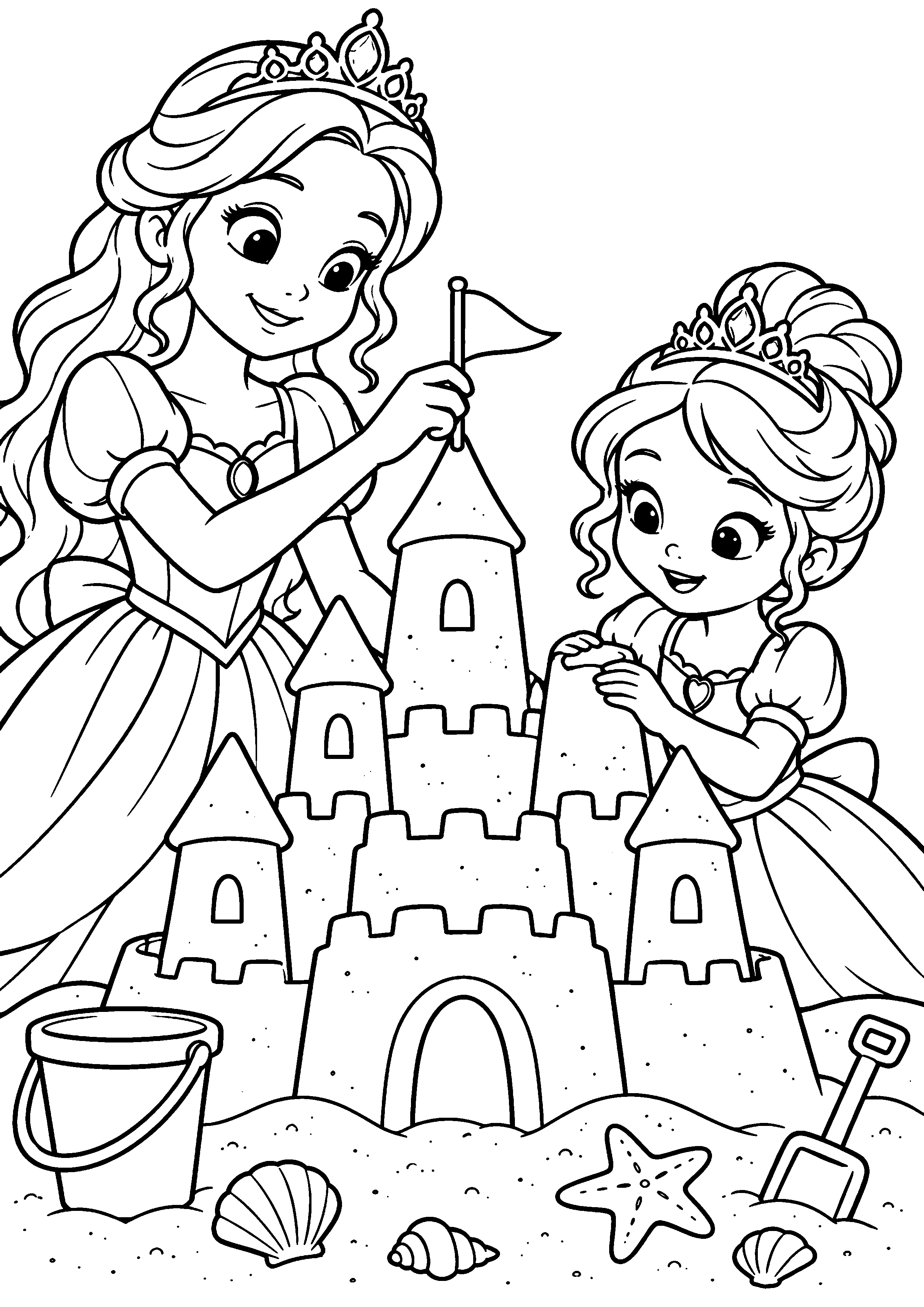Coloriage en noir et blanc représentant princesse et sa petite sœur construisant un château de sable, en grand format A4