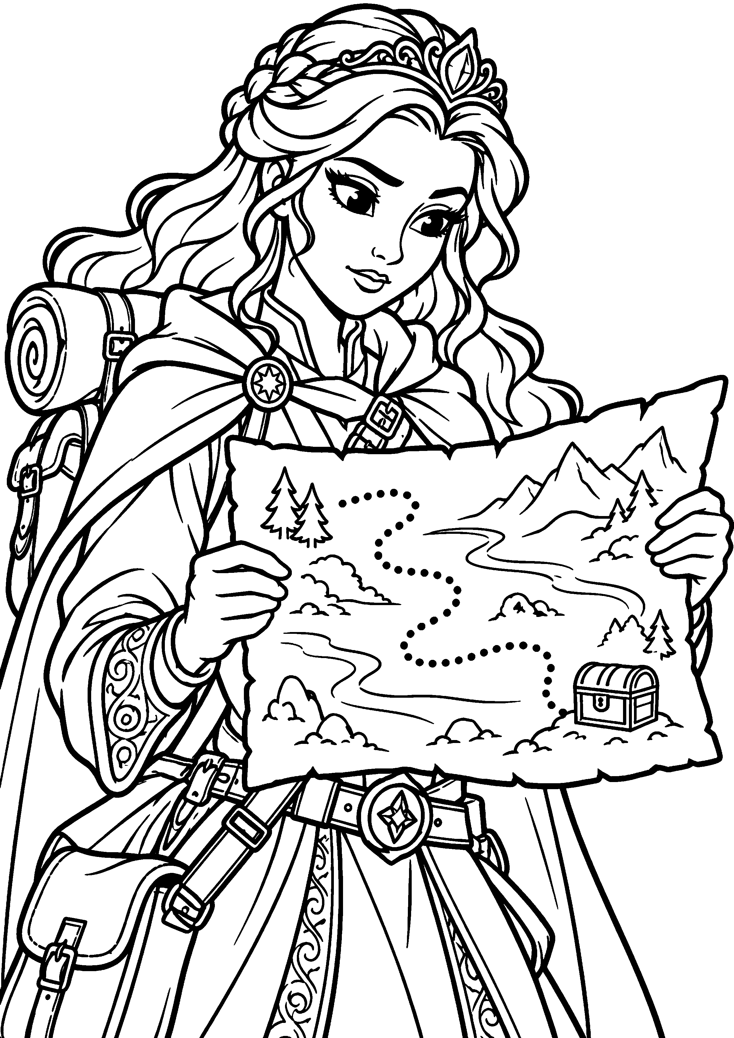 Coloriage en noir et blanc représentant princesse exploratrice devant une carte au trésor, en grand format A4