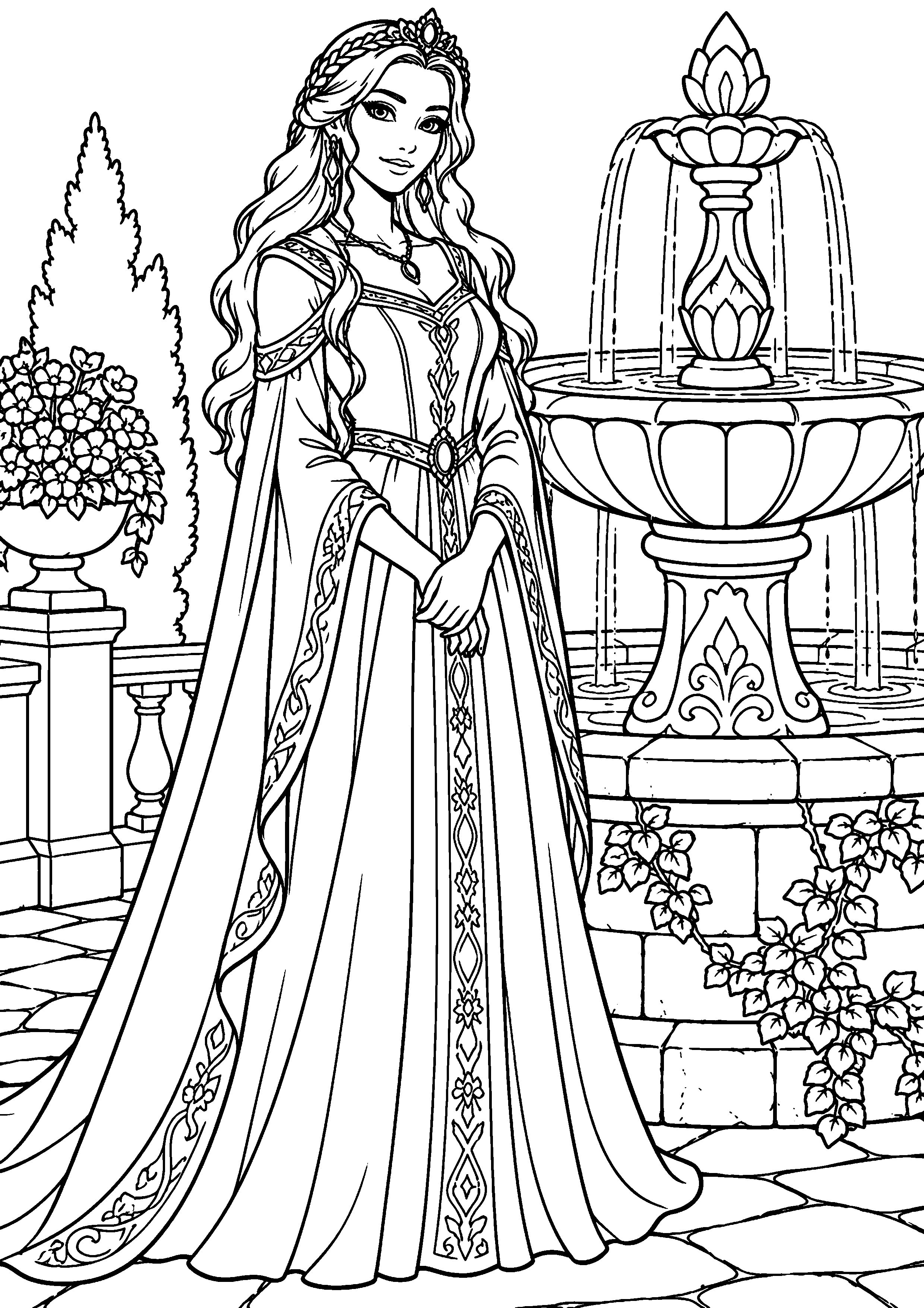 Coloriage en noir et blanc représentant princesse faisant un vœu près d'une fontaine, en grand format A4