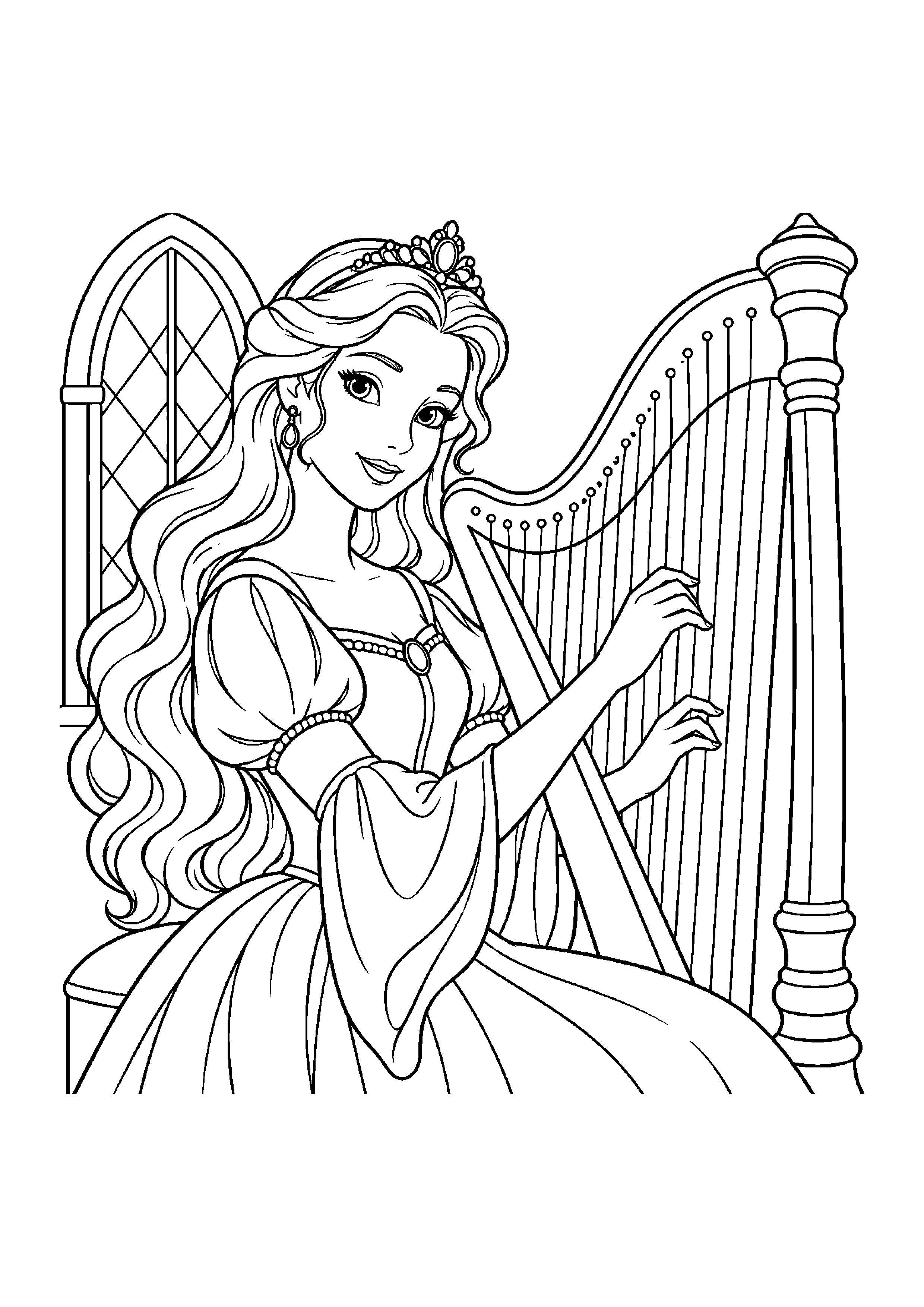 Coloriage en noir et blanc représentant princesse jouant de la harpe près d'une fenêtre, en grand format A4
