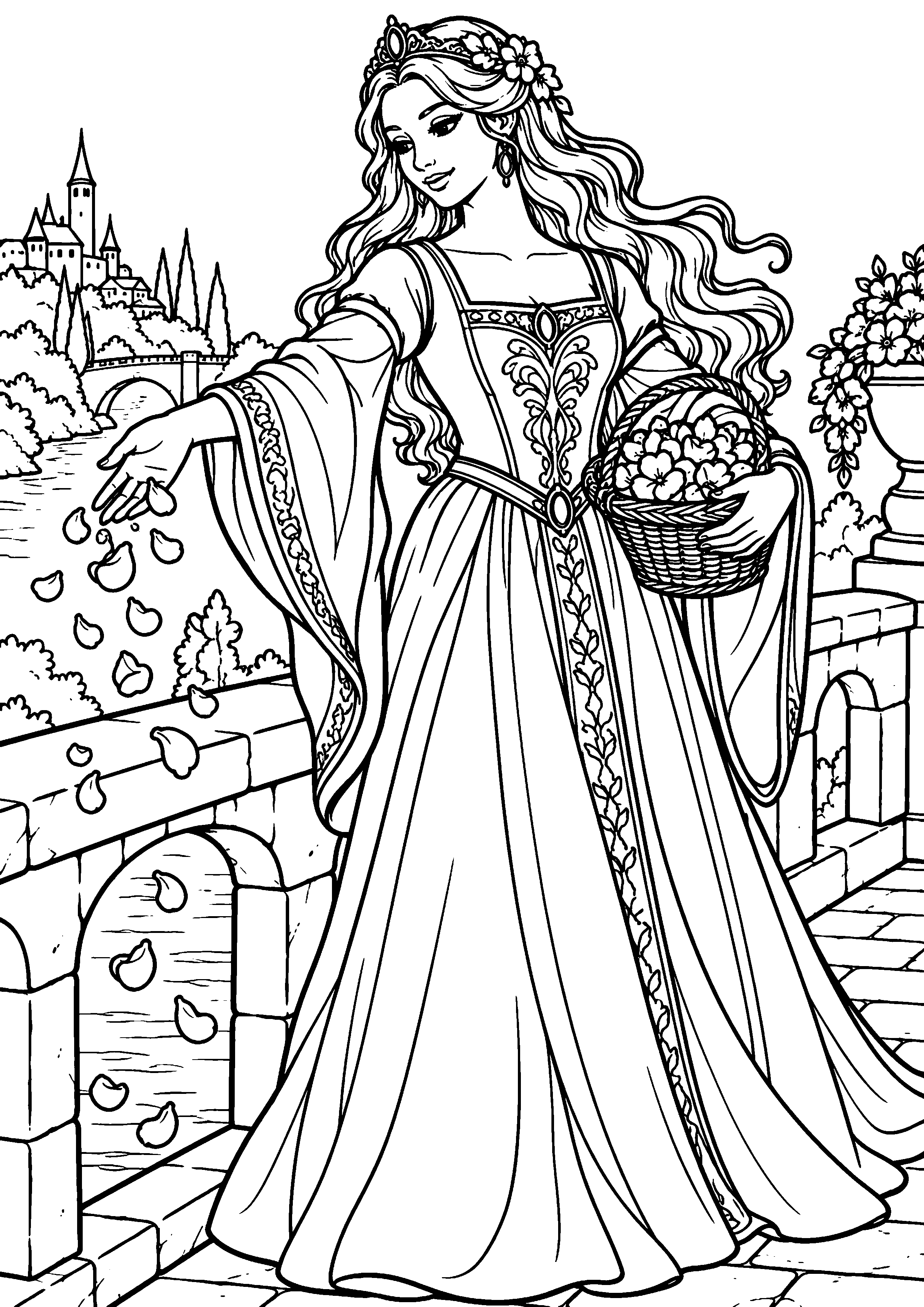 Coloriage en noir et blanc représentant princesse lançant des pétales depuis un pont, en grand format A4