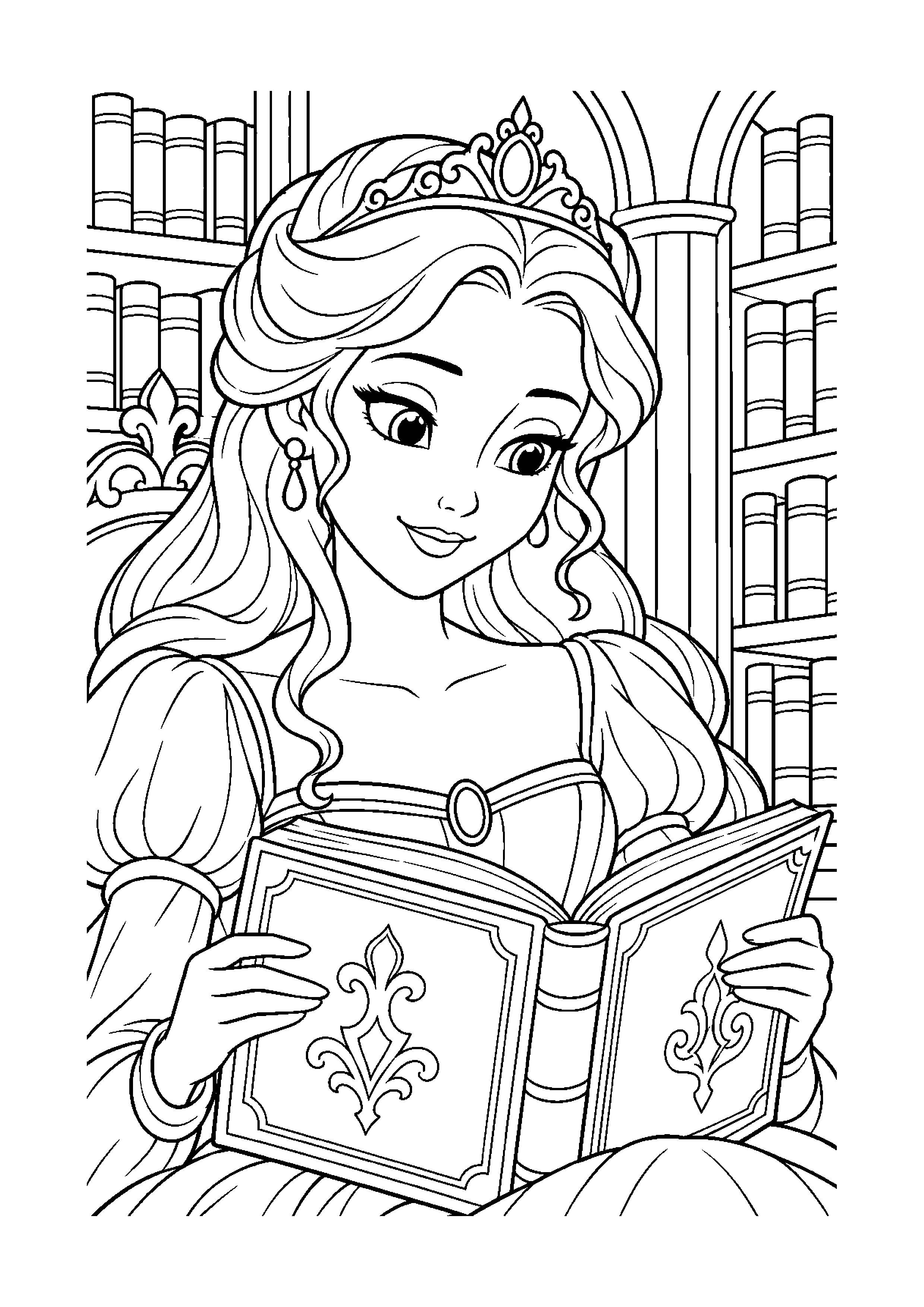 Coloriage en noir et blanc représentant princesse lisant dans la bibliothèque du palais, en grand format A4