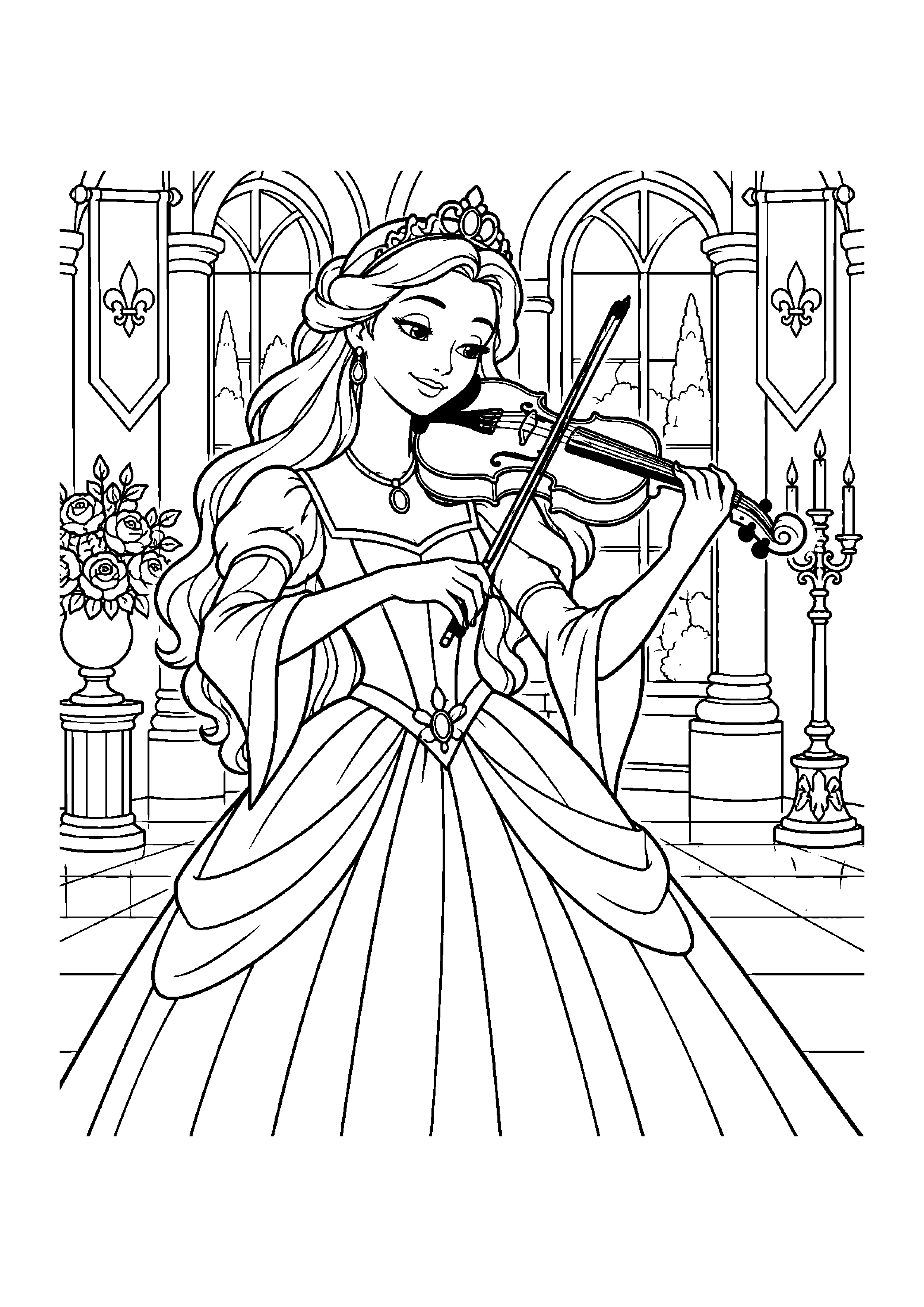 Coloriage en noir et blanc représentant princesse musicienne avec un violon au palais, en grand format A4