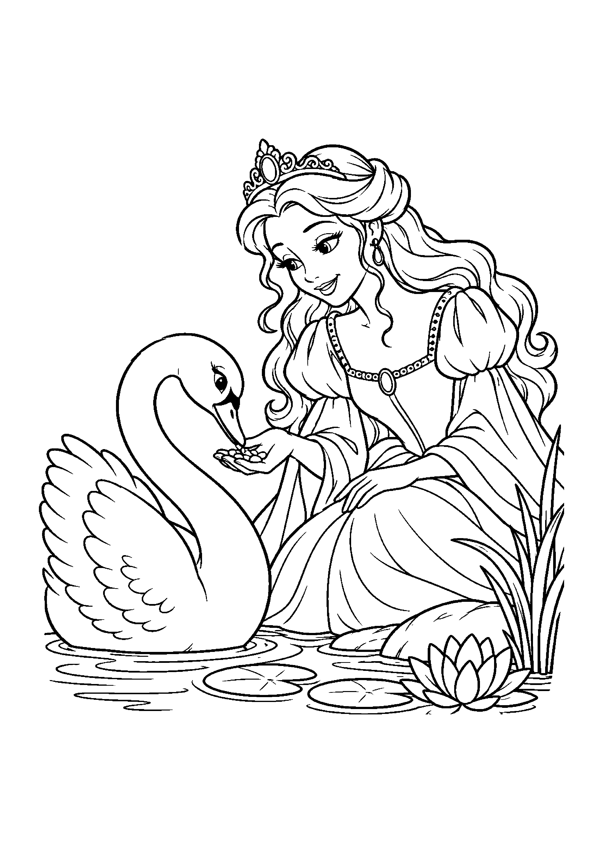 Coloriage en noir et blanc représentant princesse nourrissant un cygne au bord d'un étang, en grand format A4