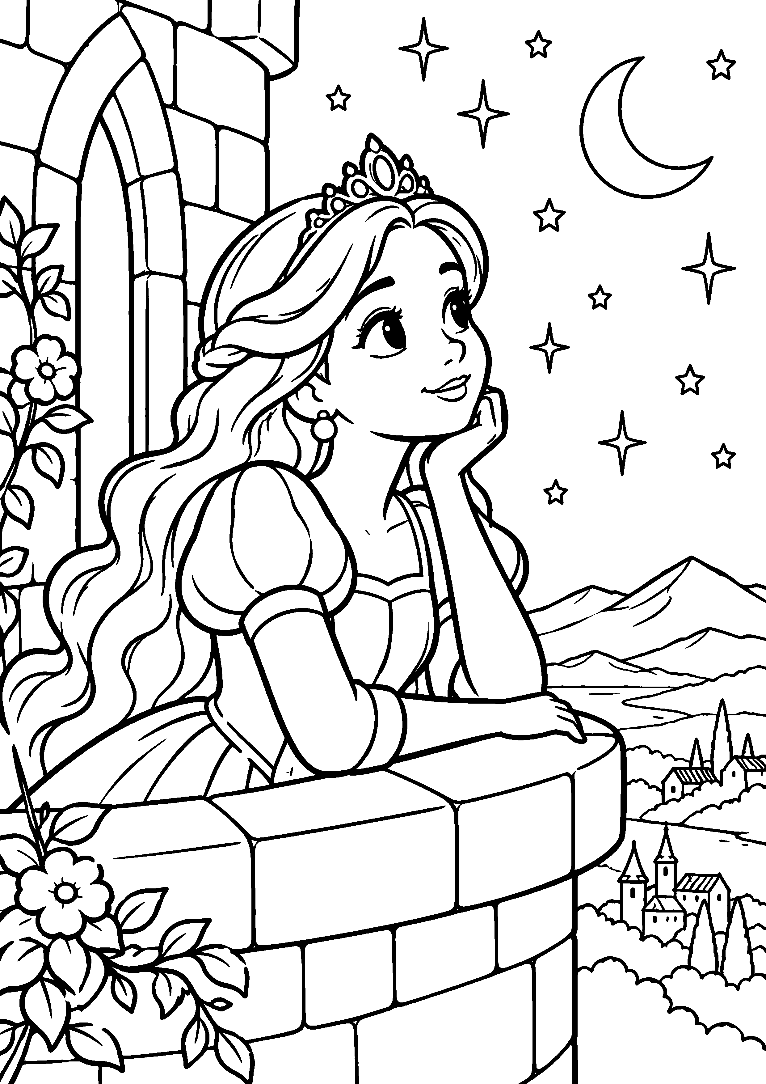 Coloriage en noir et blanc représentant princesse observant les étoiles depuis une tour, en grand format A4