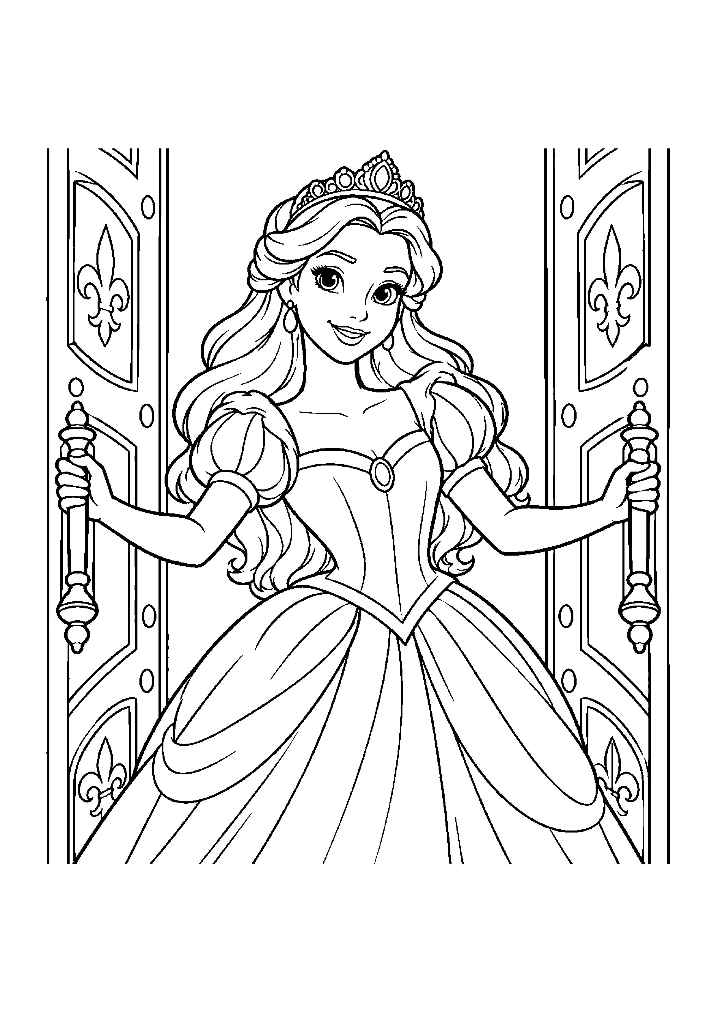 Coloriage en noir et blanc représentant princesse ouvrant les portes d'un château, en grand format A4