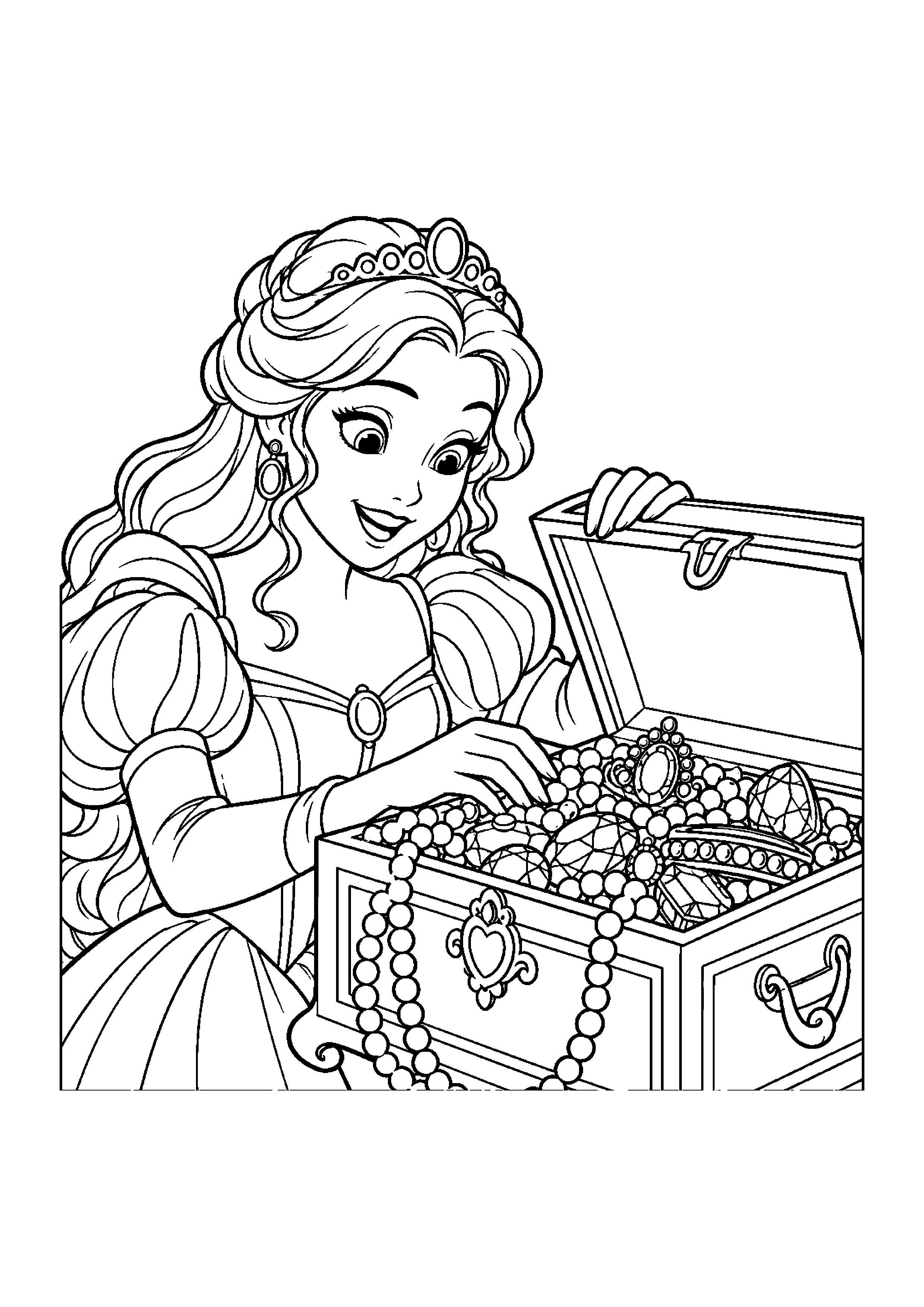 Coloriage en noir et blanc représentant princesse ouvrant un coffre rempli de bijoux génériques, en grand format A4