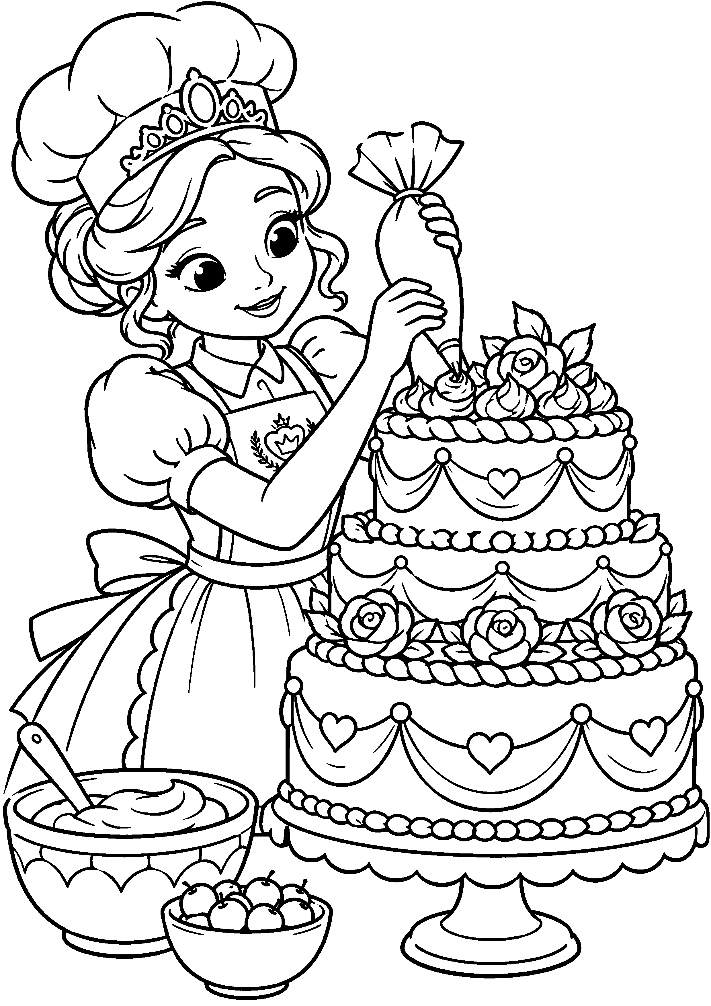 Coloriage en noir et blanc représentant princesse pâtissière décorant un gâteau royal, en grand format A4