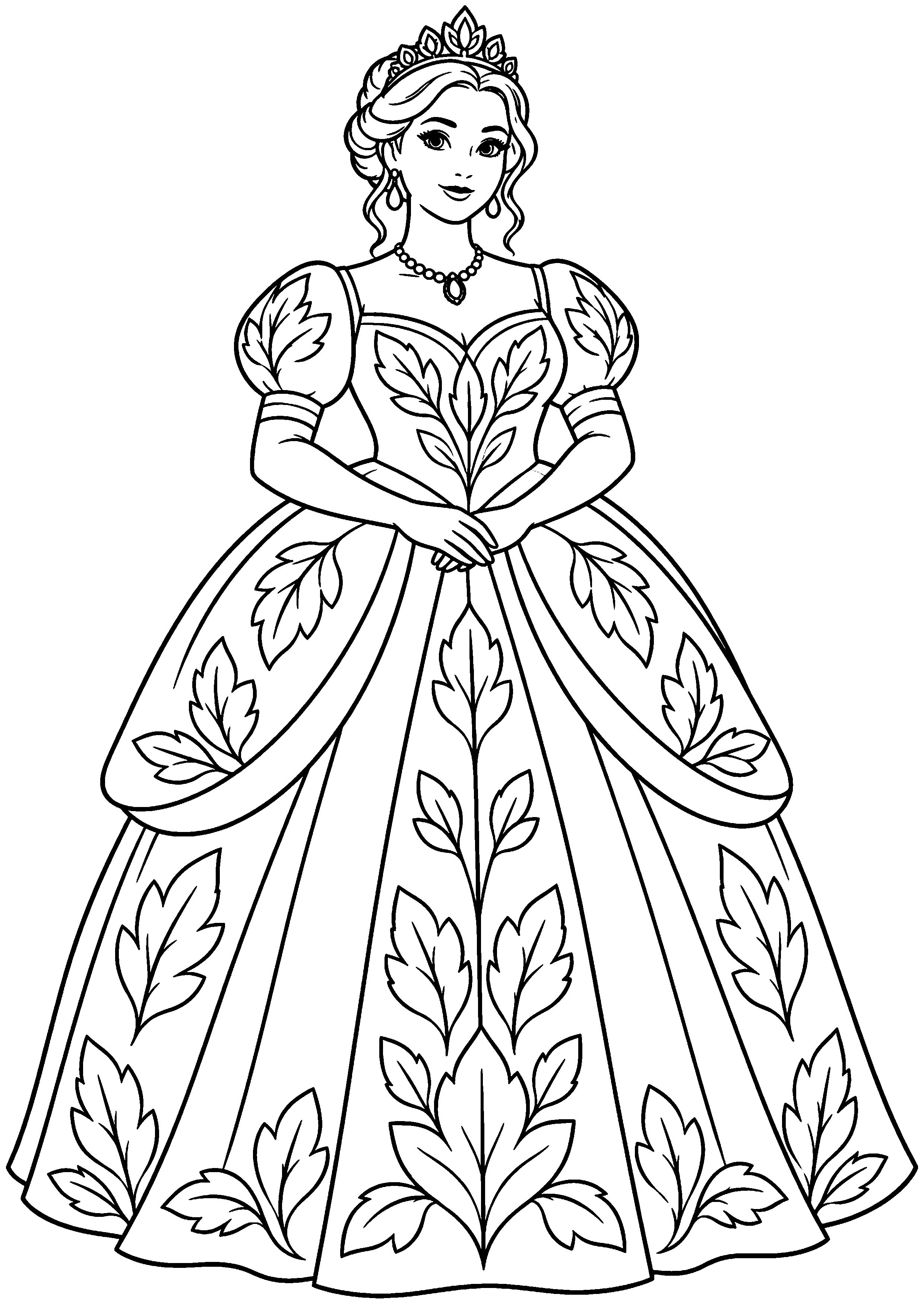 Coloriage en noir et blanc représentant princesse portant une robe ornée de feuilles, en grand format A4