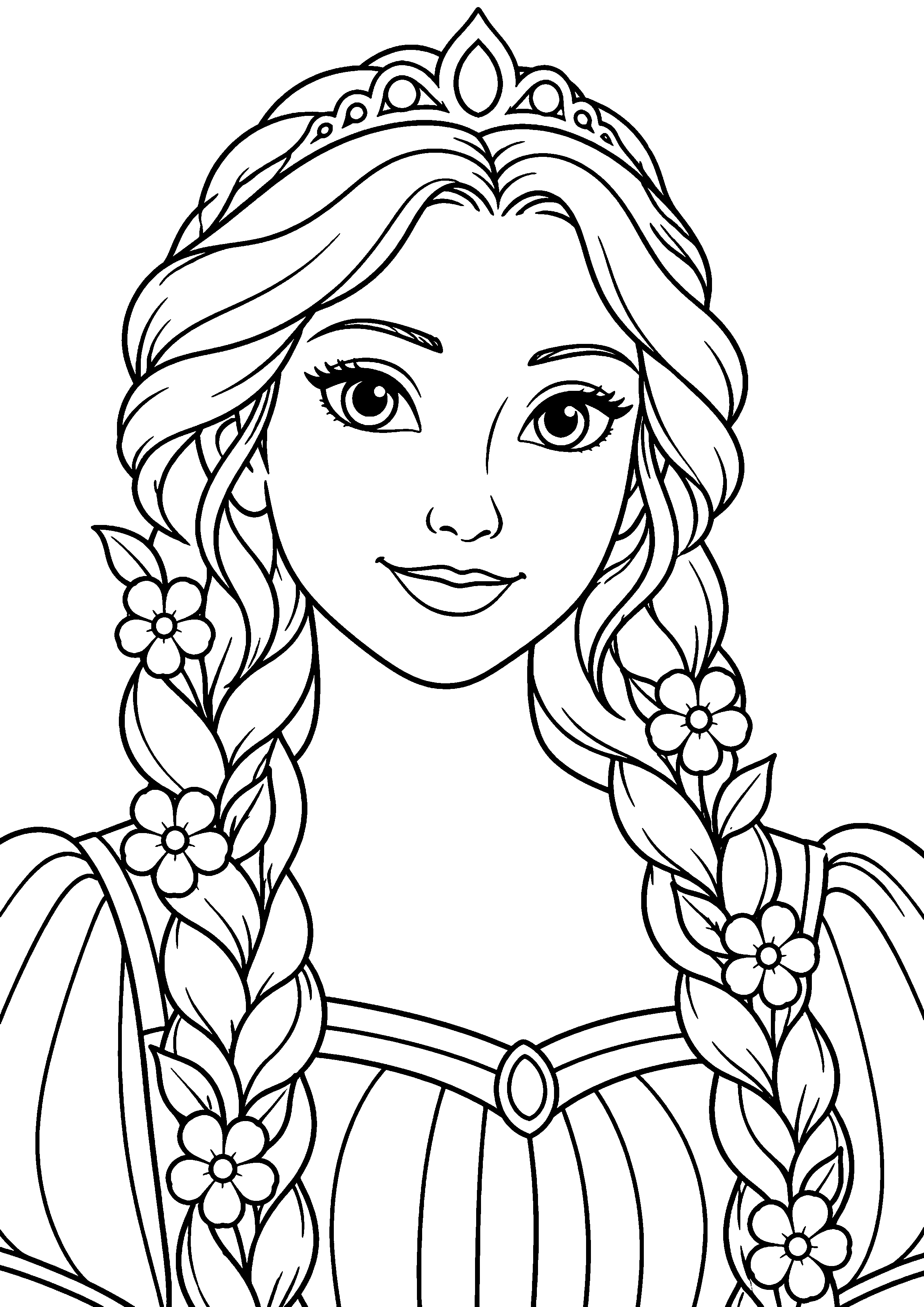 Coloriage en noir et blanc représentant portrait de princesse avec diadème et tresses fleuries, en grand format A4