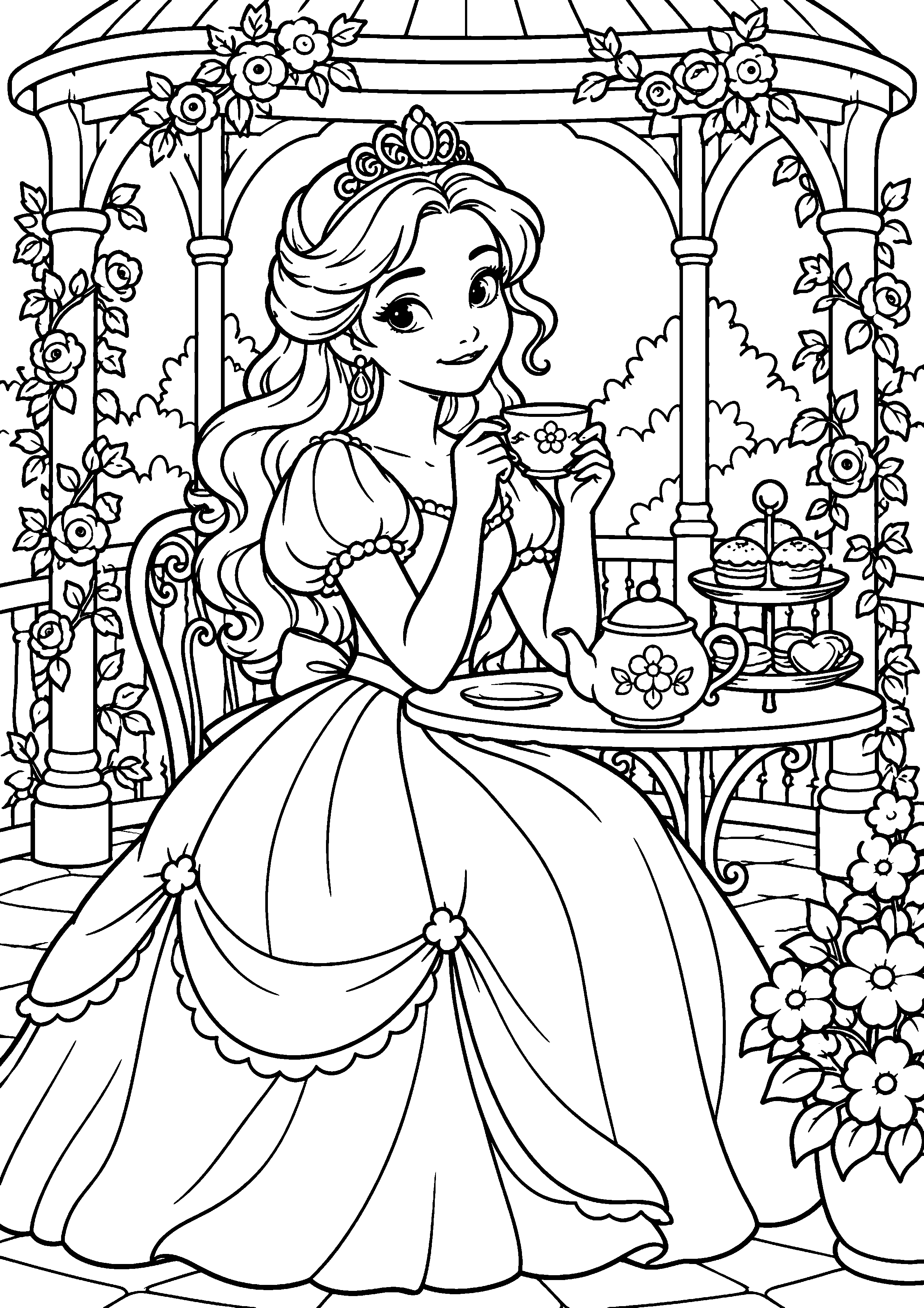 Coloriage en noir et blanc représentant princesse prenant le thé sous une tonnelle, en grand format A4