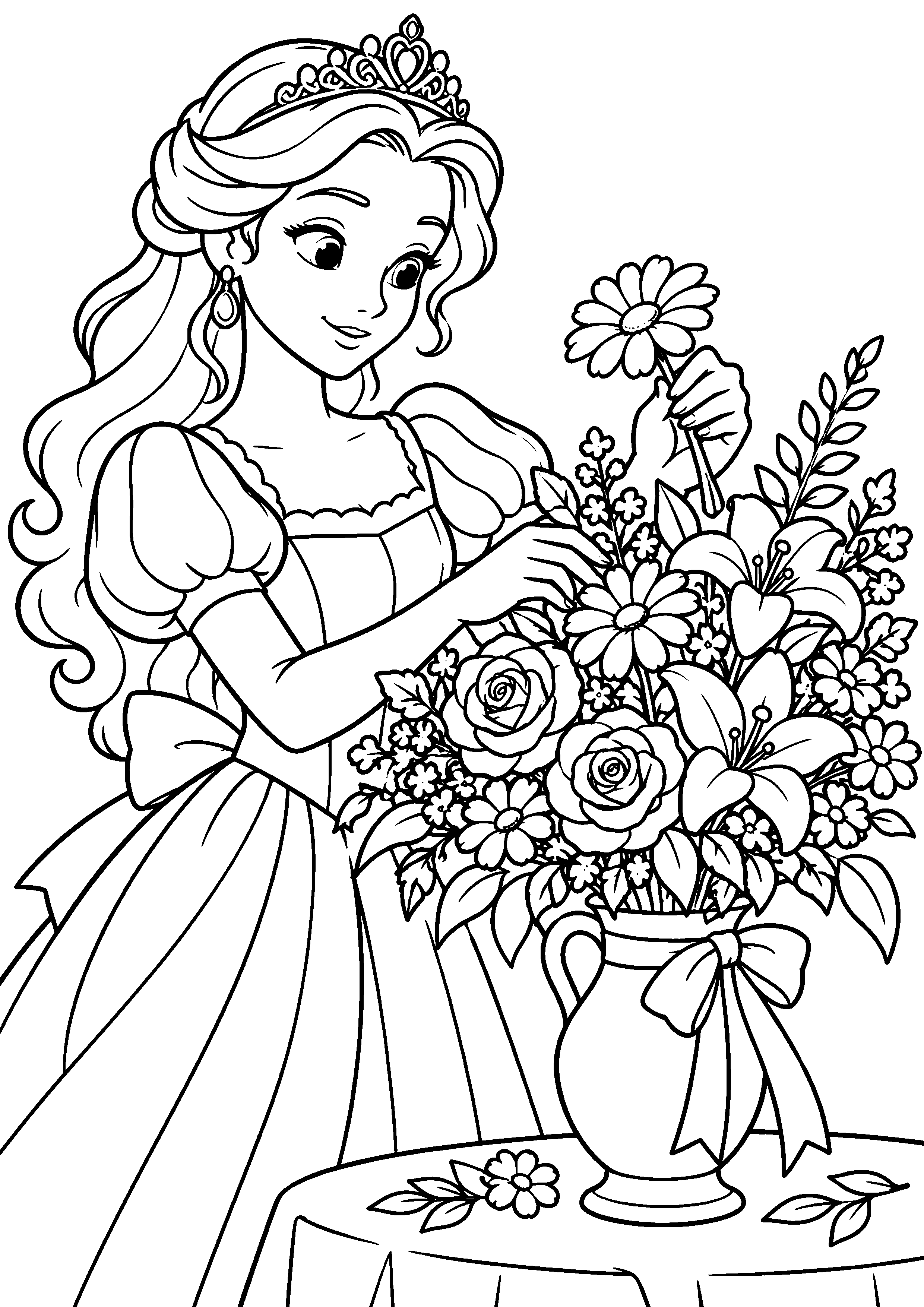 Coloriage en noir et blanc représentant princesse préparant un bouquet pour une fête, en grand format A4