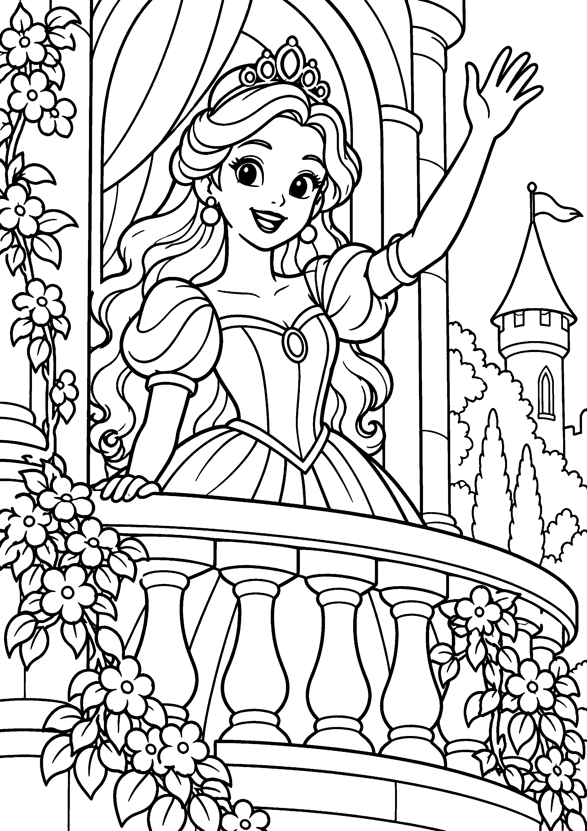 Coloriage en noir et blanc représentant princesse saluant depuis un grand balcon fleuri, en grand format A4