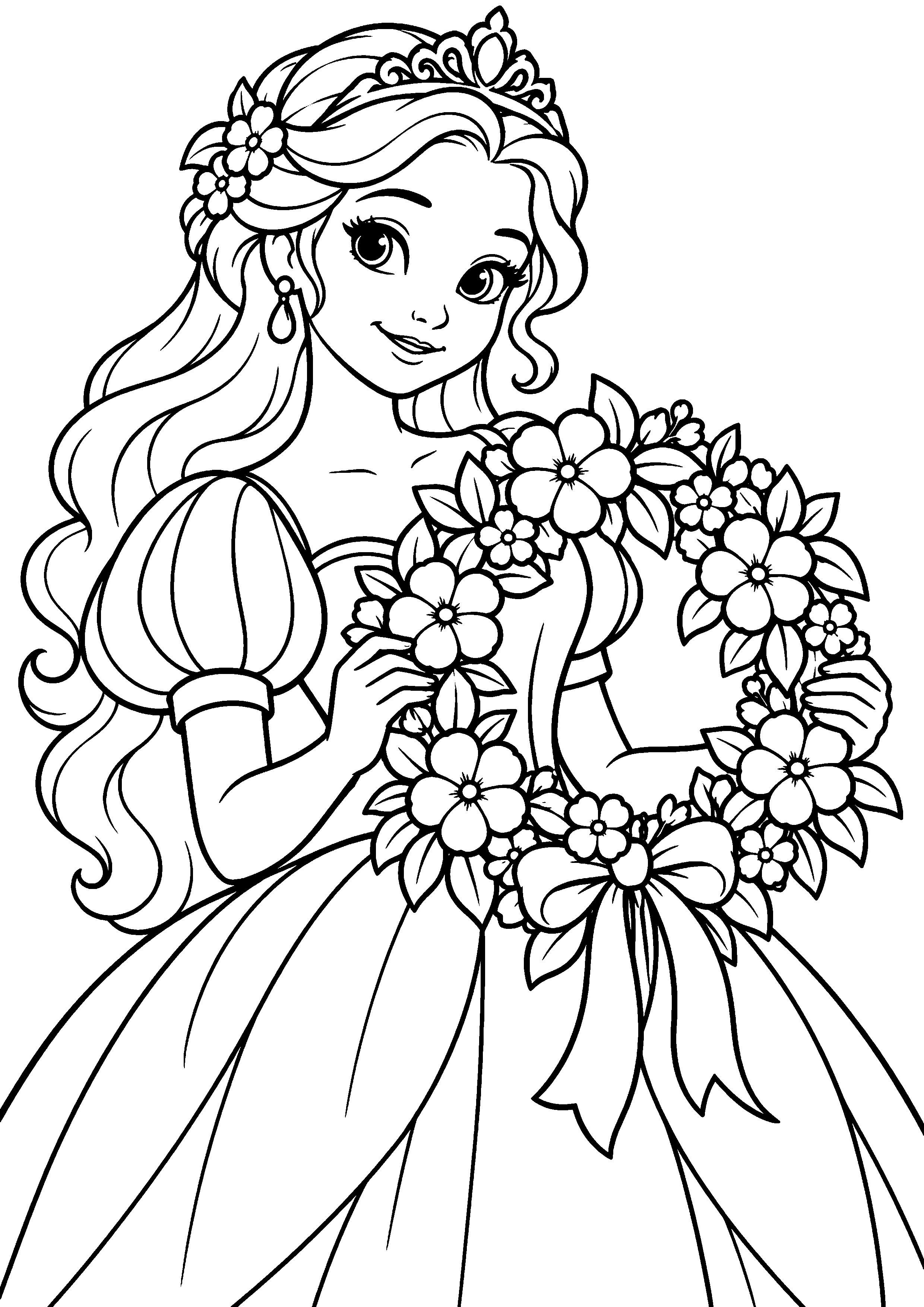 Coloriage en noir et blanc représentant princesse tenant une couronne de fleurs, en grand format A4