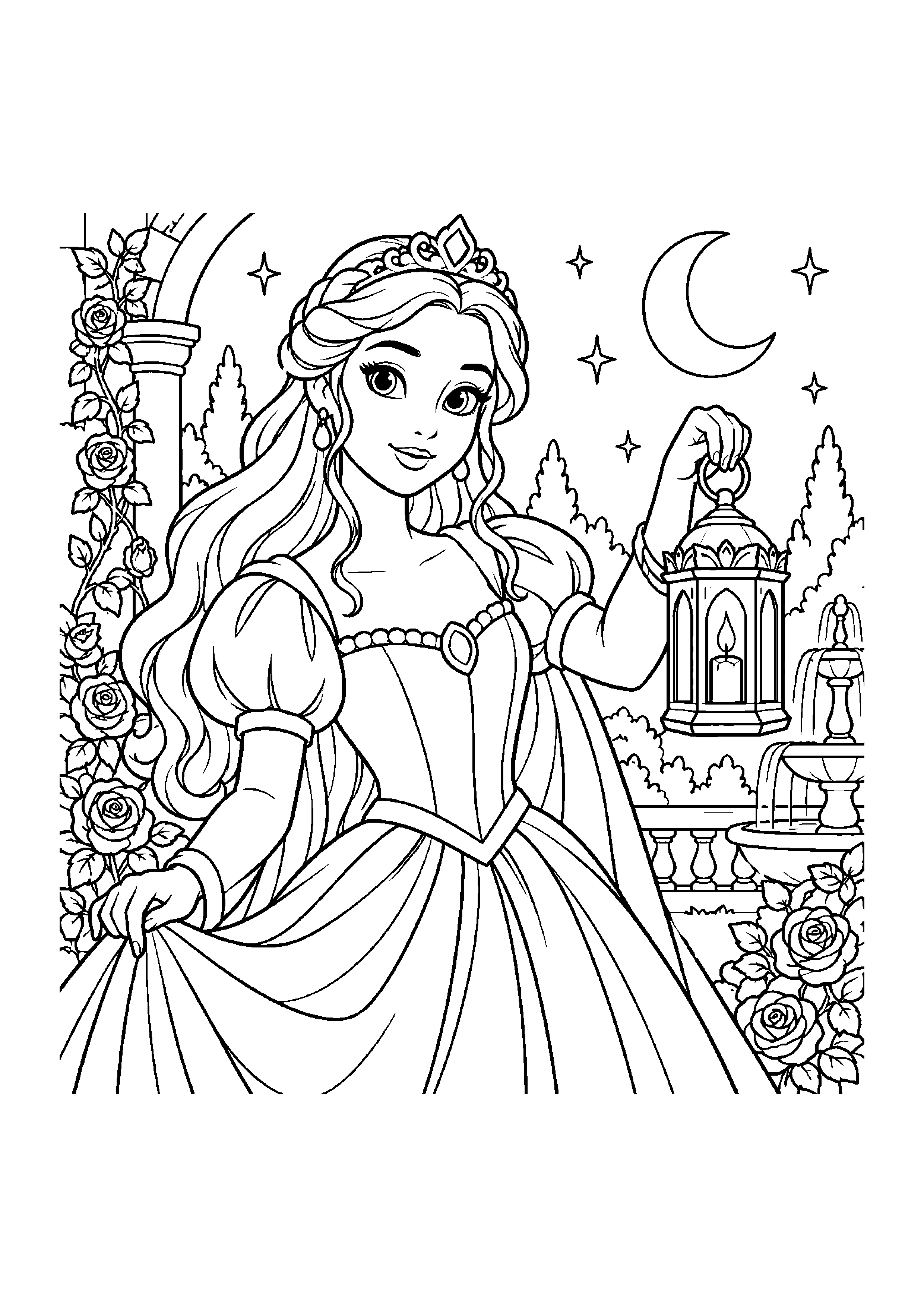 Coloriage en noir et blanc représentant princesse tenant une lanterne dans un jardin nocturne, en grand format A4
