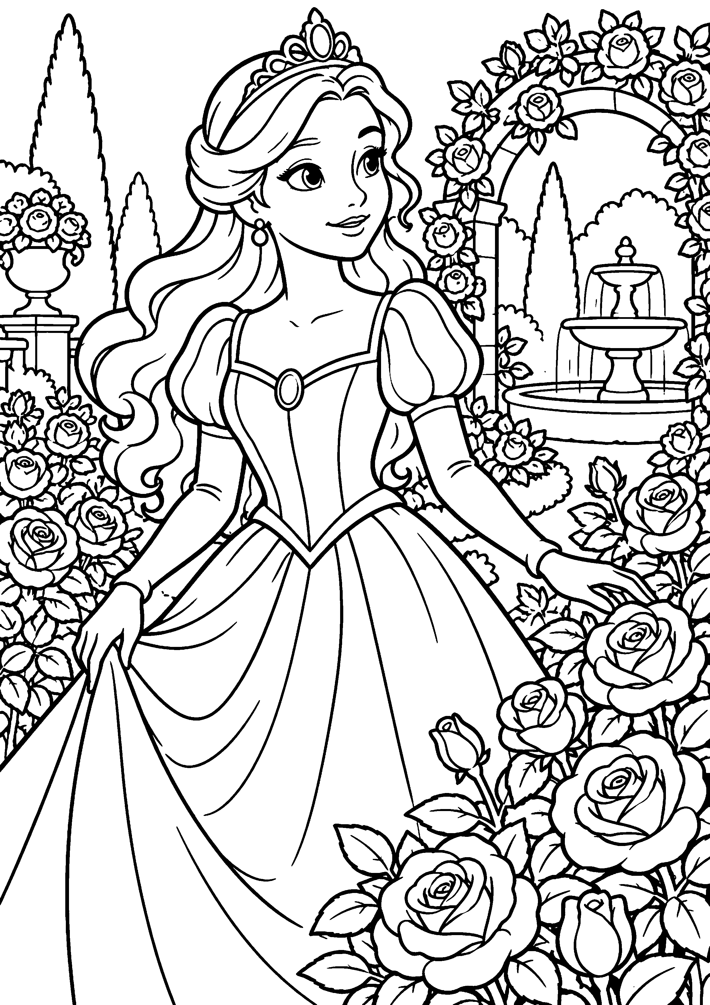 Coloriage en noir et blanc représentant princesse traversant un jardin de roses, en grand format A4