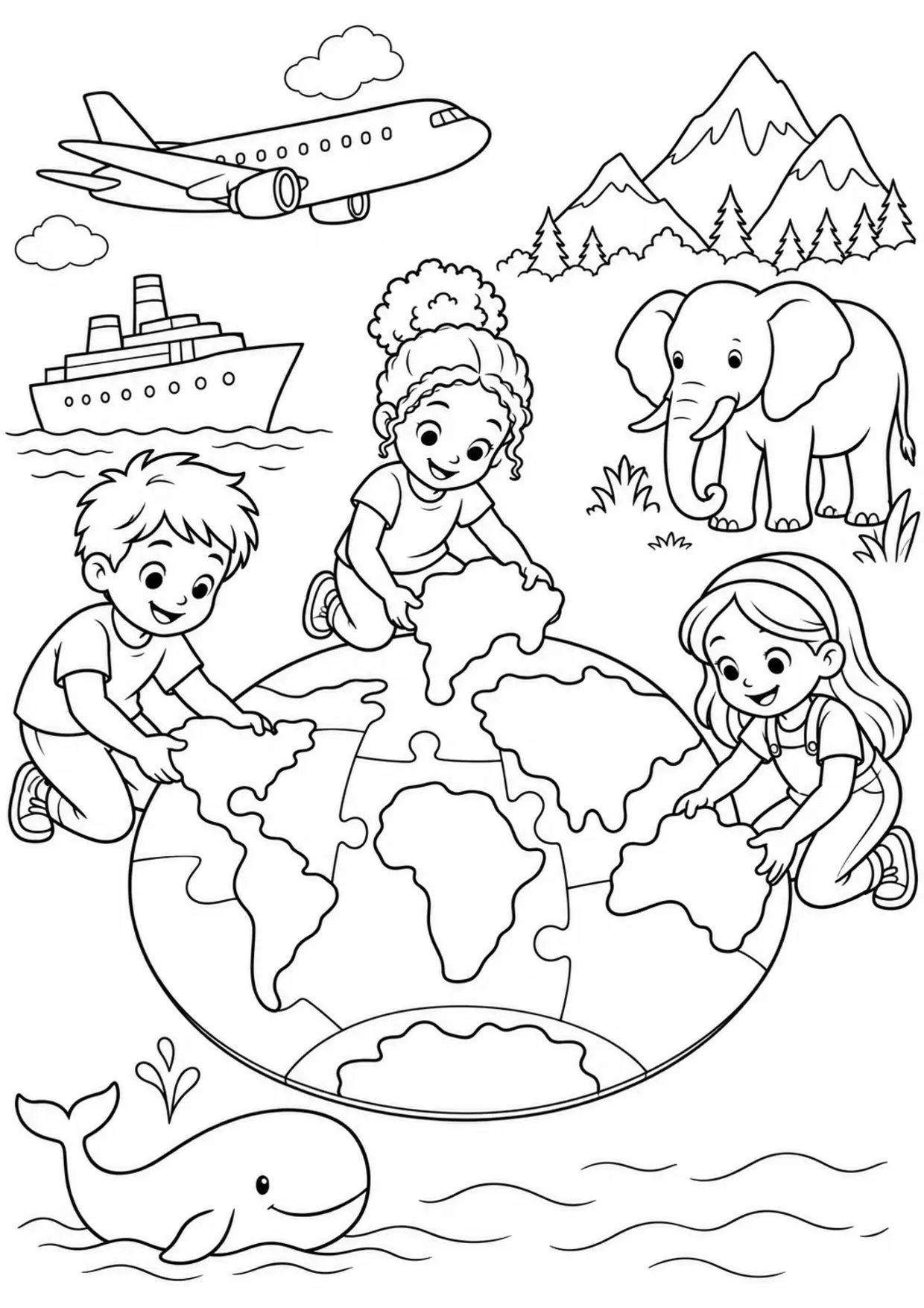 Coloriage à imprimer montrant continents sol, thème continents