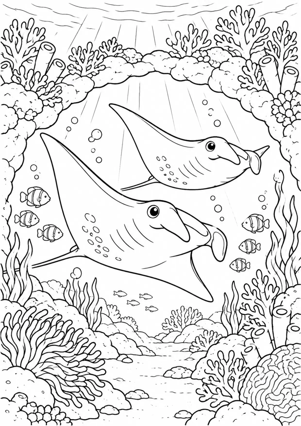 Coloriage raie manta : arche corail à imprimer montrant arche corail, dessin noir et blanc