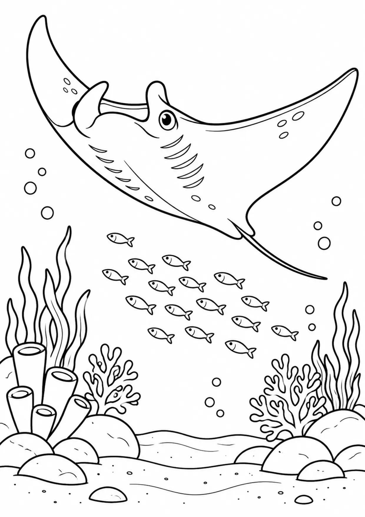 Coloriage raie manta : fond sable à imprimer montrant fond sable, dessin noir et blanc