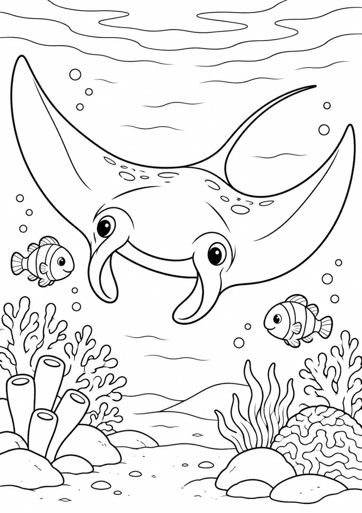 Coloriage raie manta : lagon à imprimer montrant lagon, dessin noir et blanc