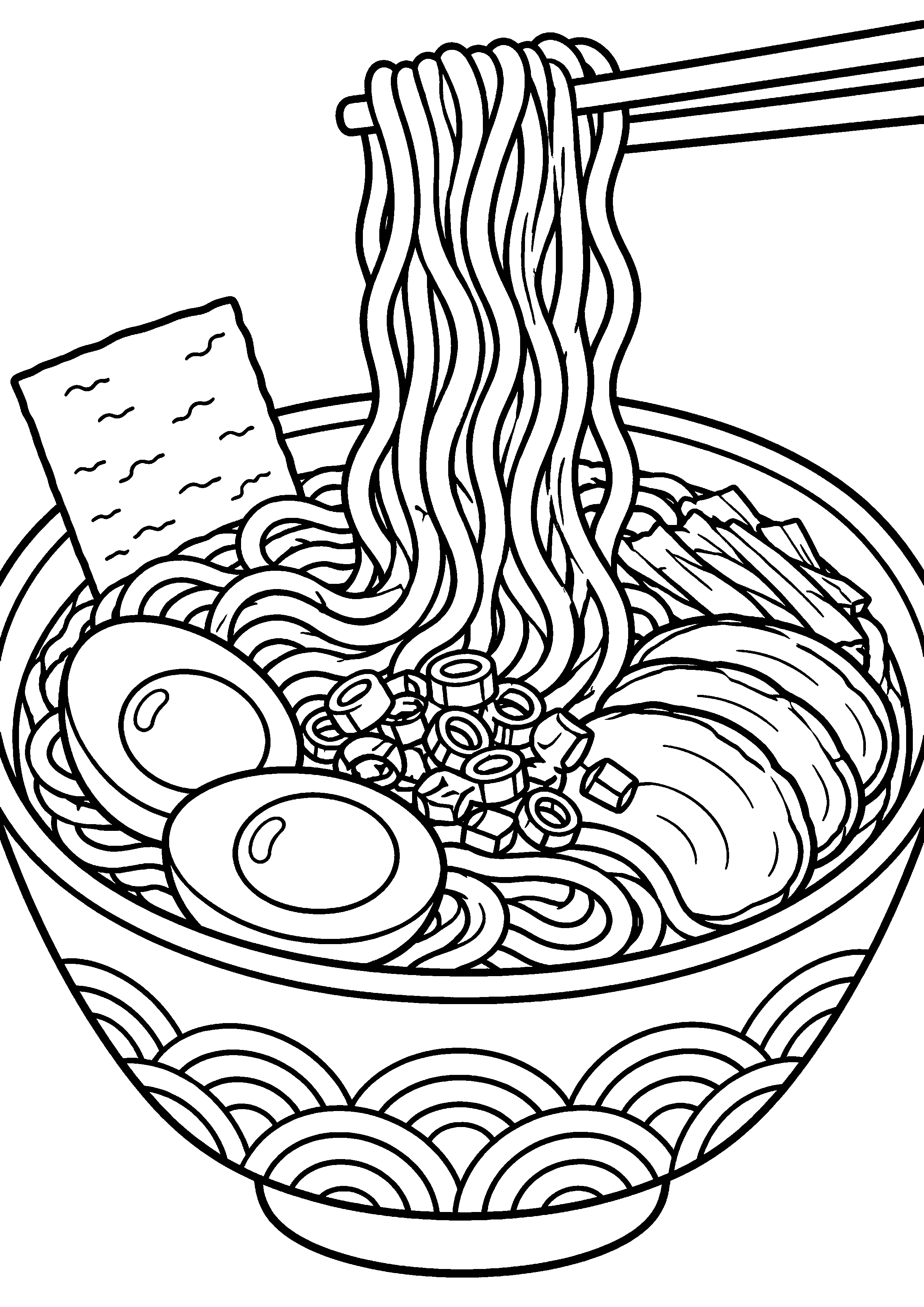 Coloriage ramen dans un bol fumant vu de trois quarts à imprimer