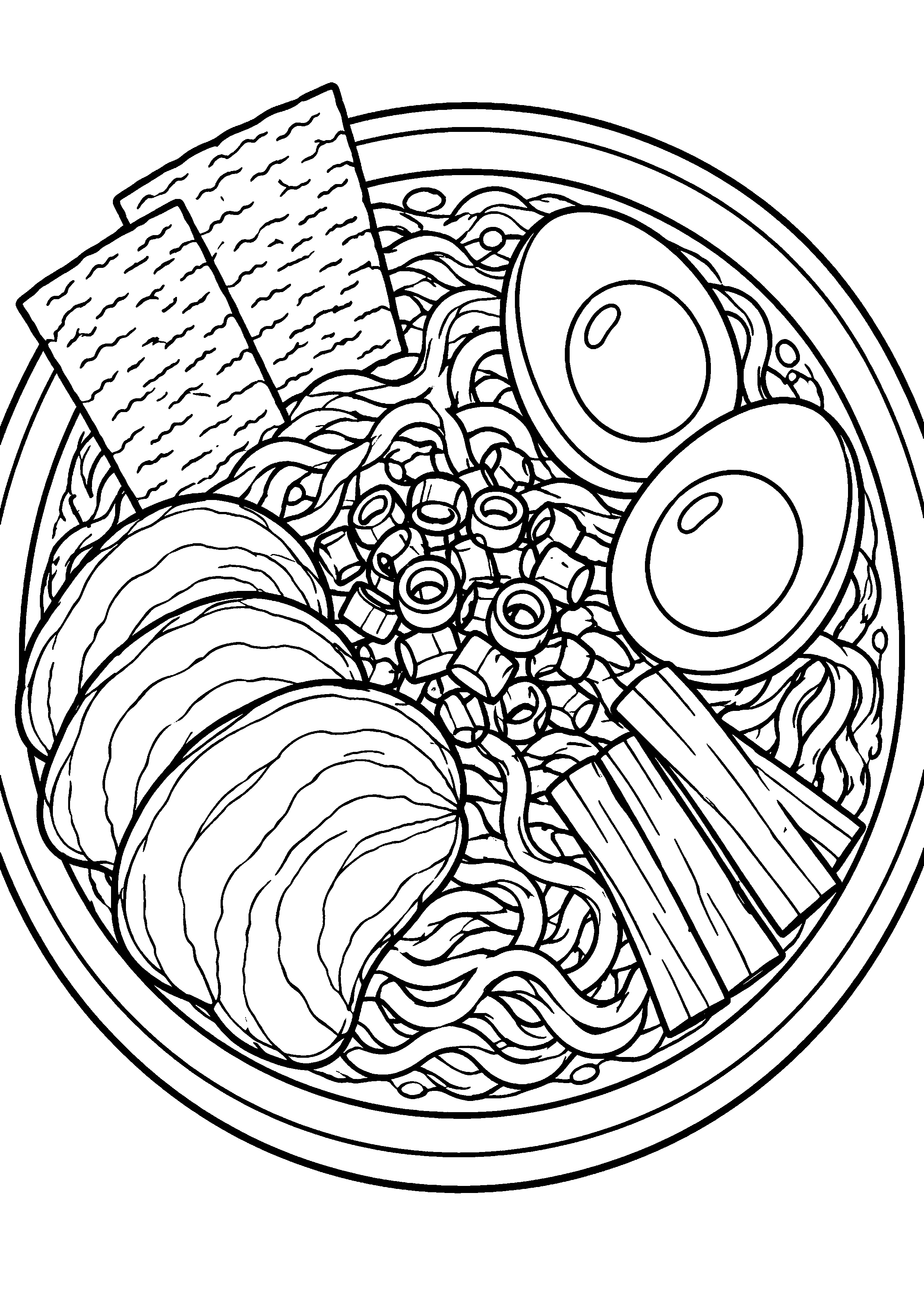 Coloriage ramen vu de dessus avec ses garnitures visibles à imprimer
