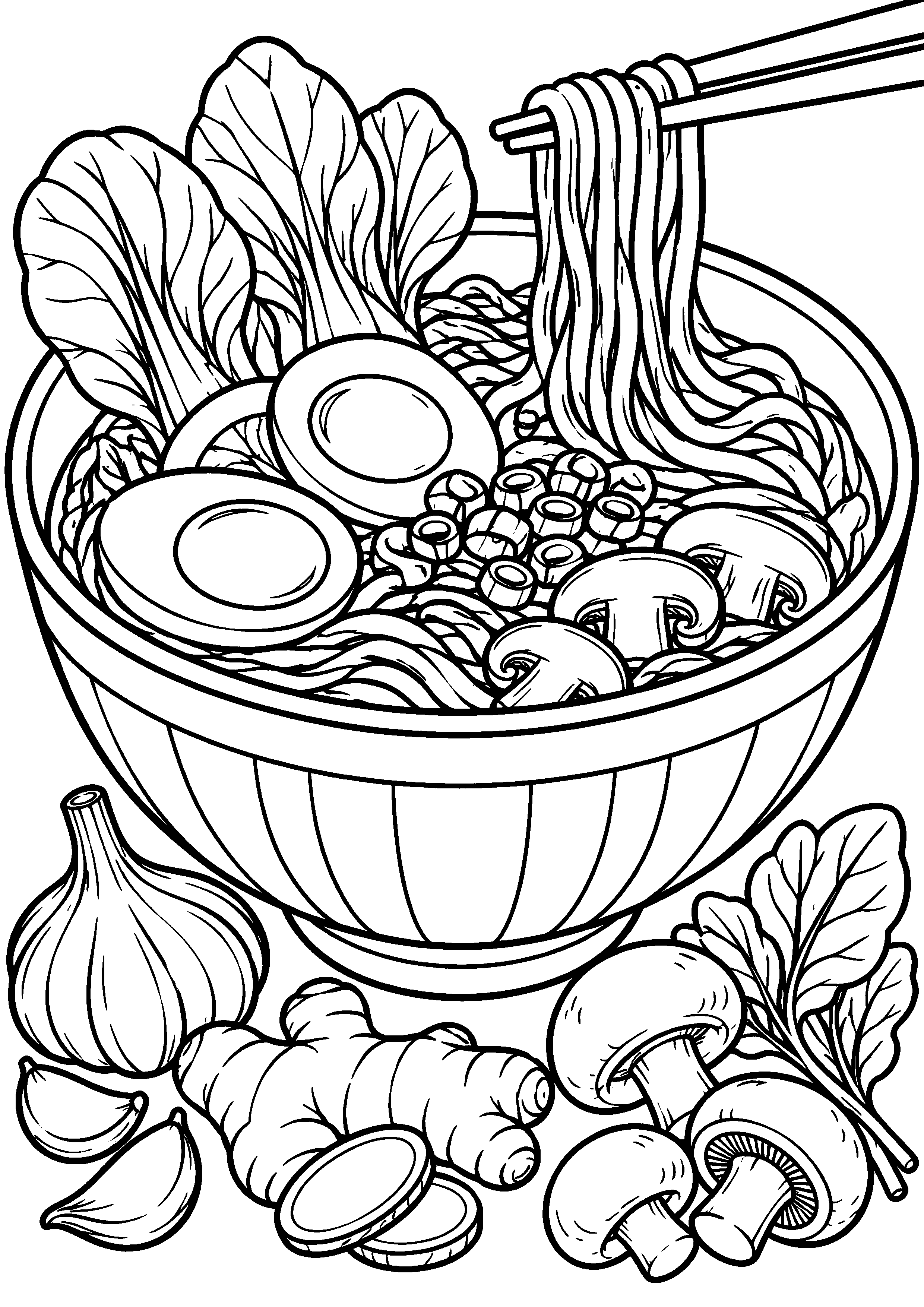 Coloriage ramen en gros plan sur les nouilles et le bouillon à imprimer