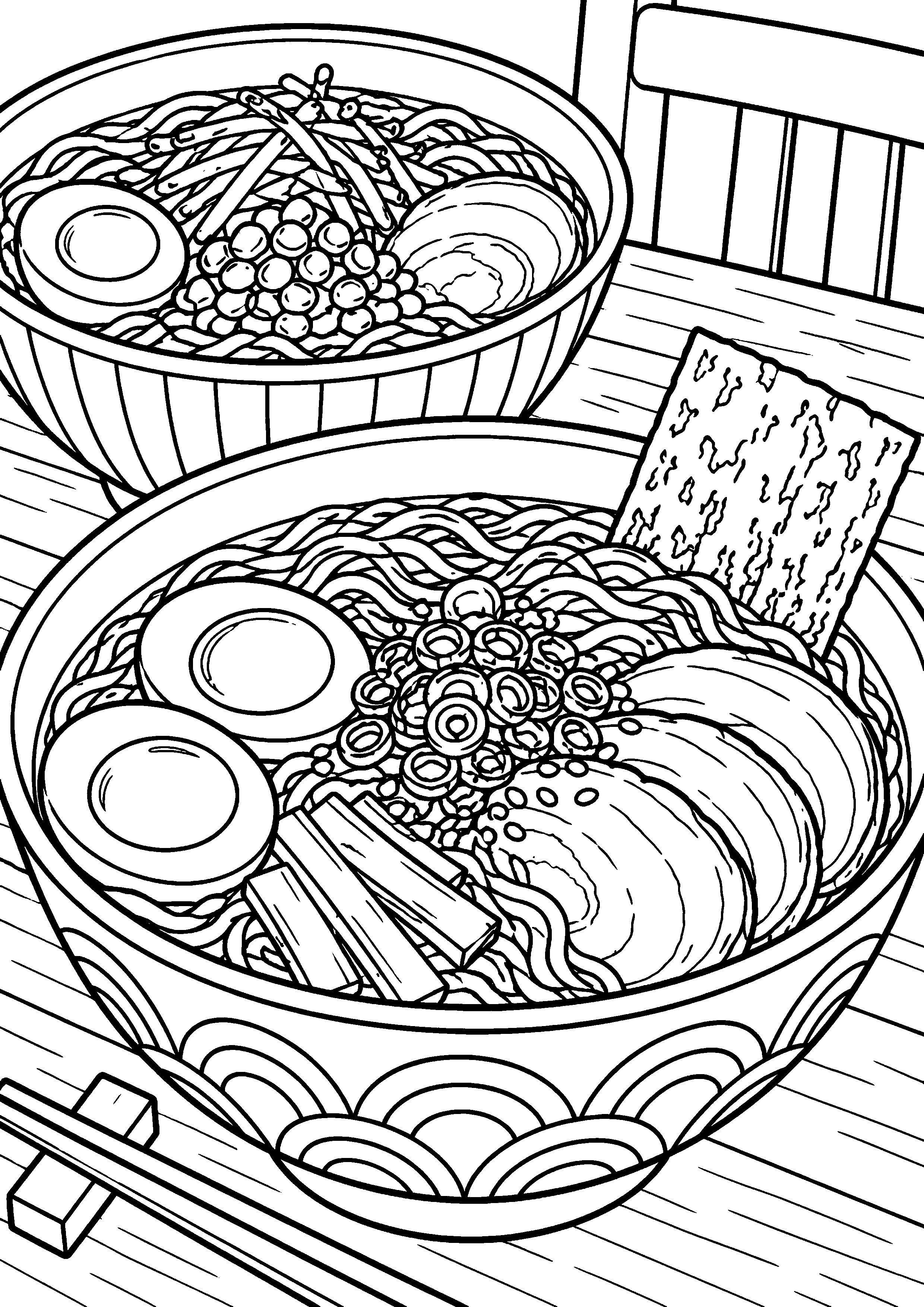 Grand coloriage d’un bol de ramen avec de grandes baguettes posées sur le bol, contours noirs nets sur fond blanc