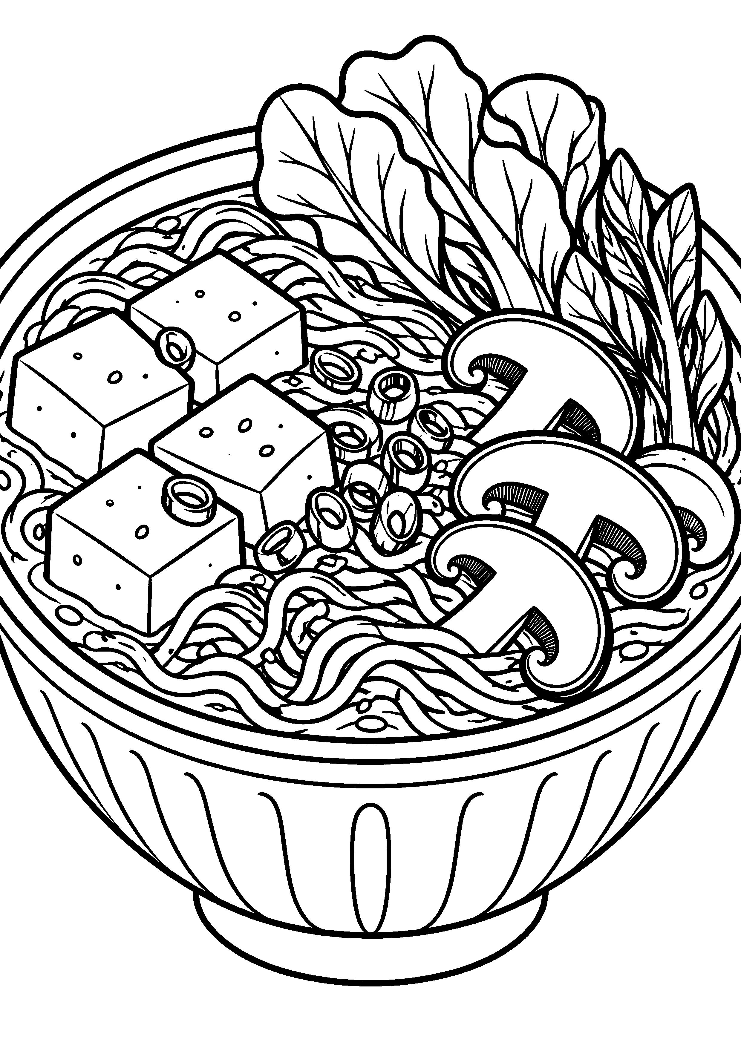 Grand coloriage d’un bol de ramen en préparation avec les ingrédients autour, contours noirs nets sur fond blanc