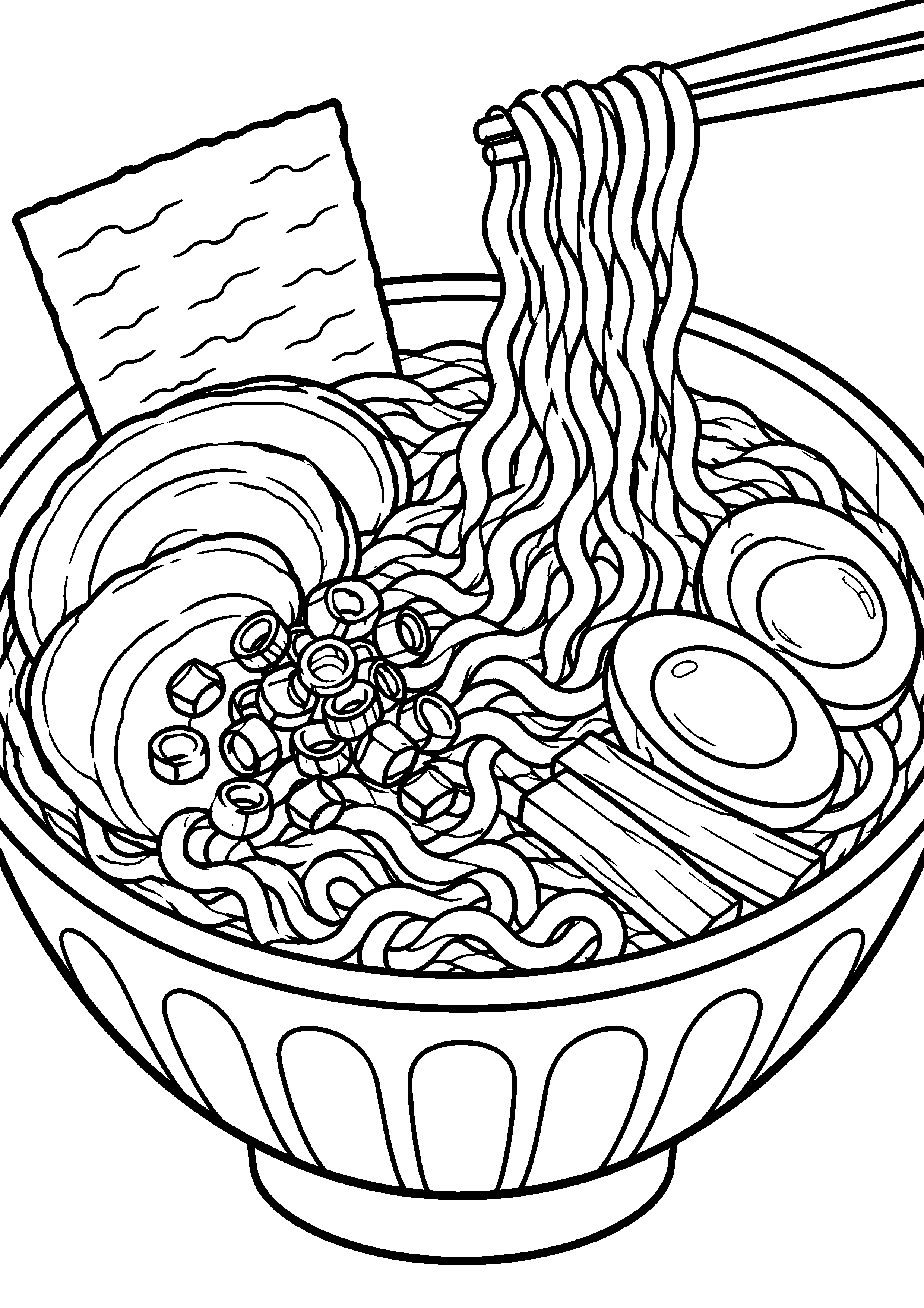 Grand coloriage d’un bol de ramen sur un plateau de service sans marque, contours noirs nets sur fond blanc